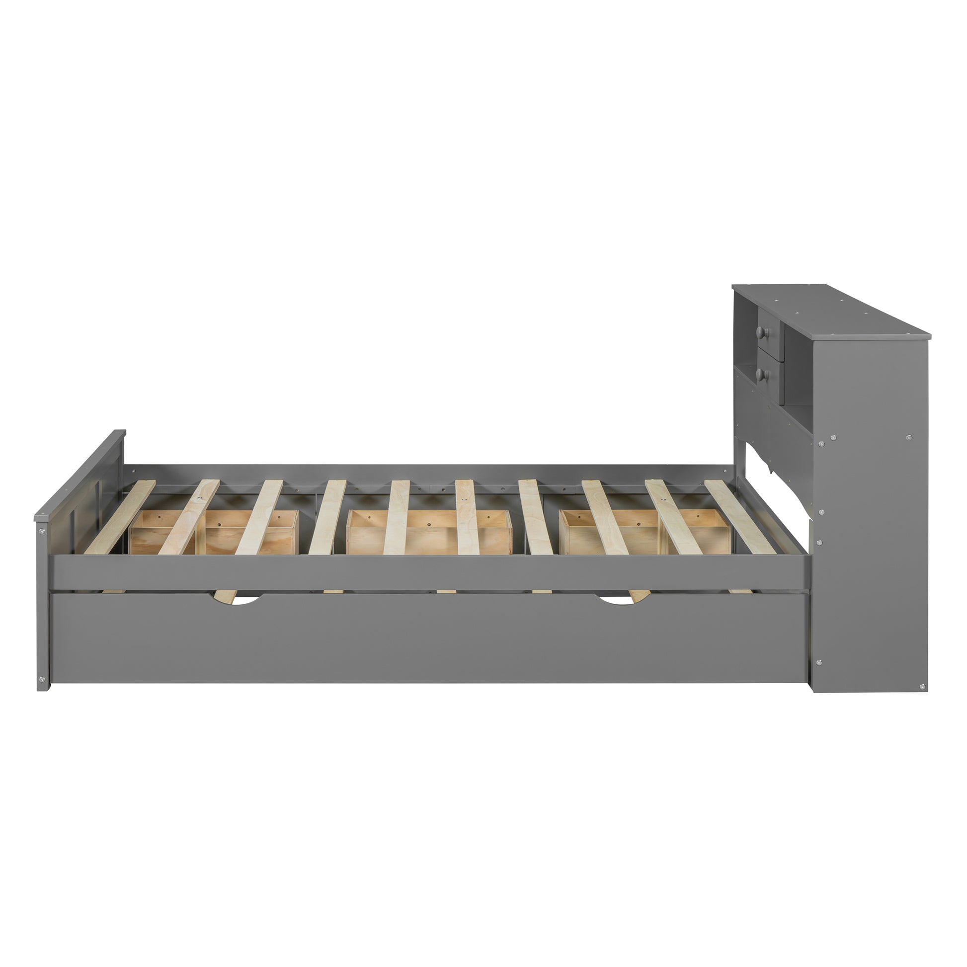 Full Size Wood Pltaform Bed With Win Size Trundle, 3 Drawers, Upper Shelves And A Set Of Usb Ports & Sockets, Gray Gray Solid Wood Mdf