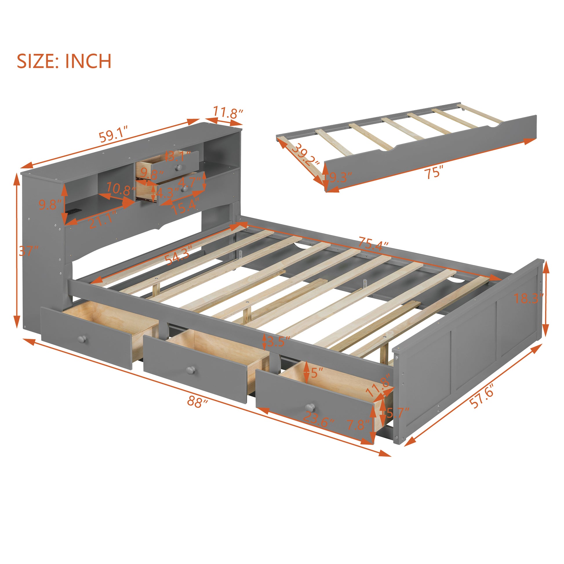 Full Size Wood Pltaform Bed With Win Size Trundle, 3 Drawers, Upper Shelves And A Set Of Usb Ports & Sockets, Gray Gray Solid Wood Mdf
