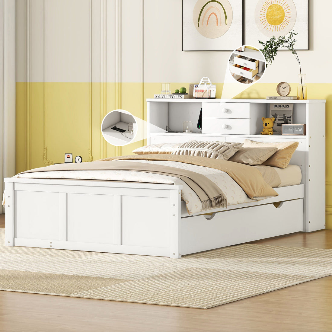 Full Size Wood Pltaform Bed With Win Size Trundle, 3 Drawers, Upper Shelves And A Set Of Usb Ports & Sockets, White White Solid Wood Mdf