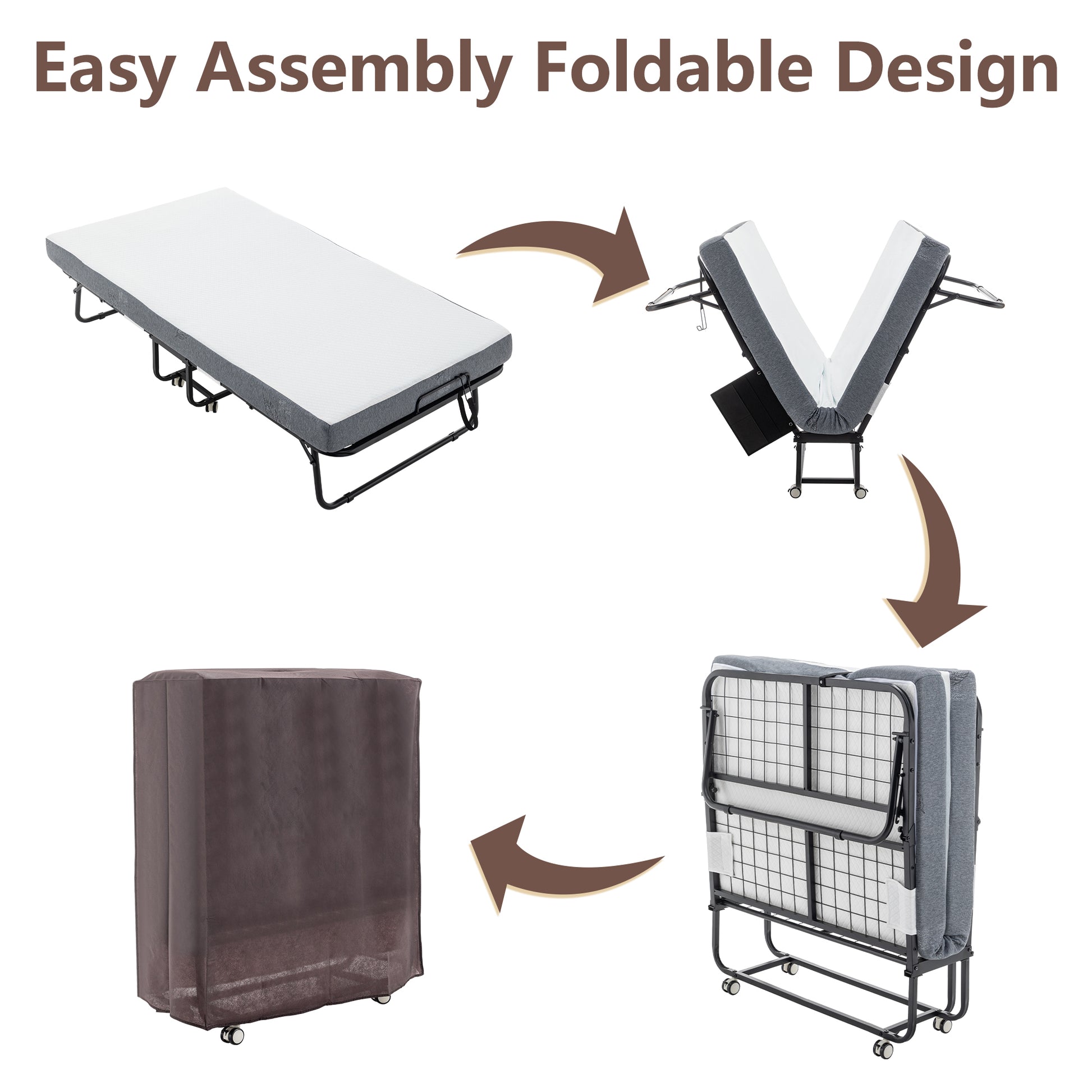 Folding Bed With Mattress, Sportable Foldable Bed With Storage Cover, Srollaway Bed For Adults With Memory Foam Mattress And Metal Frame, Scot Size Guest Bed On Wheels, 75 X 38 Black Metal Foam