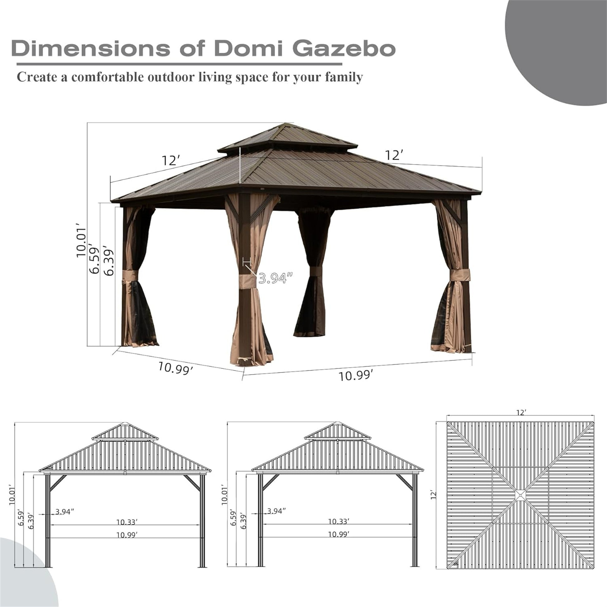 12' X 12' Hardtop Gazebo, Aluminum Metal Gazebo With Galvanized Steel Double Roof Canopy, Curtain And Netting, Permanent Gazebo Pavilion For Party, Wedding, Outdoor Dining, Brown Brown Aluminum