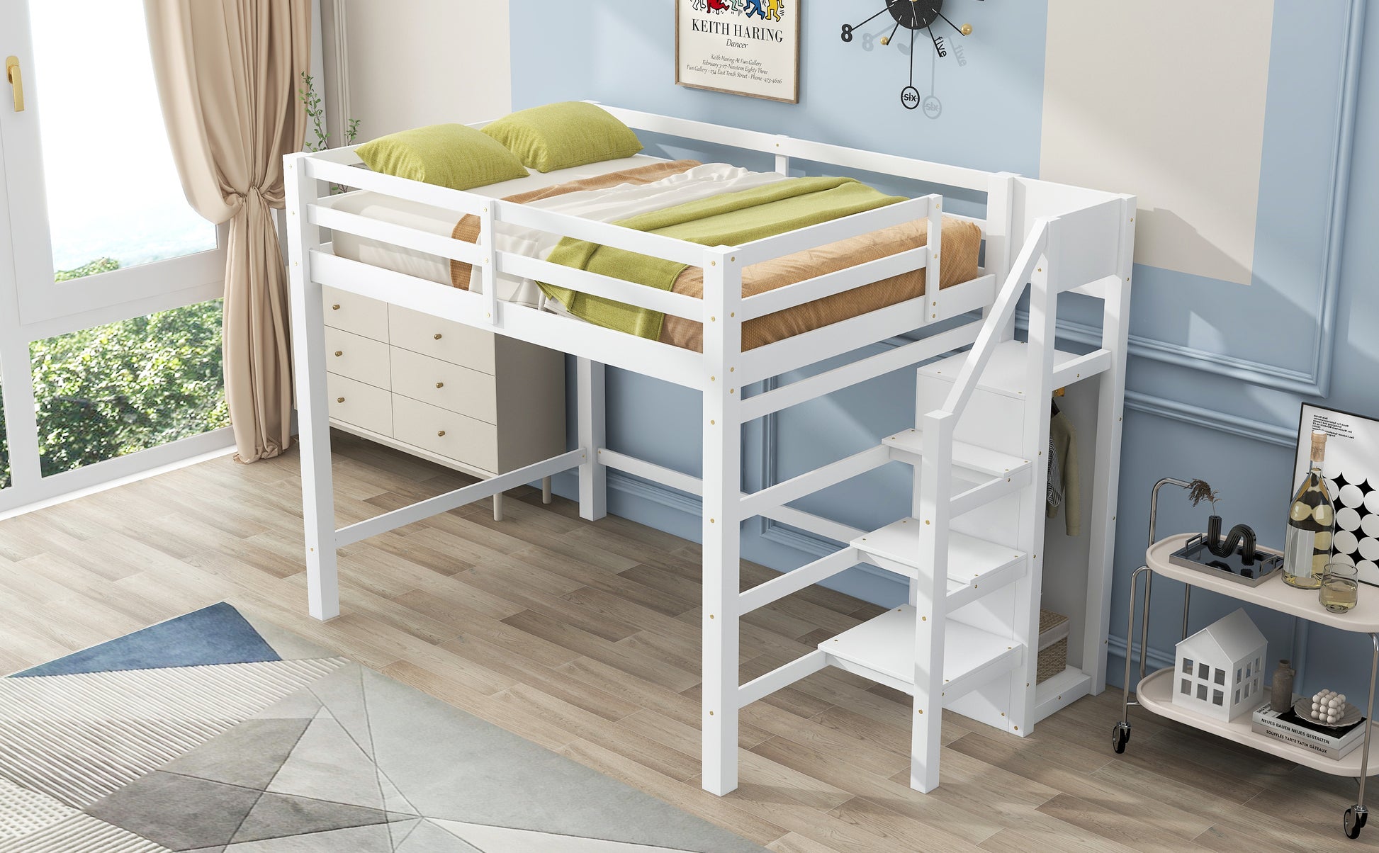Full Size Loft Bed With Built In Storage Wardrobe And Staircase, White Old Sku:Sm000527Aak Box Spring Not Required Full White Wood Bedroom Pine