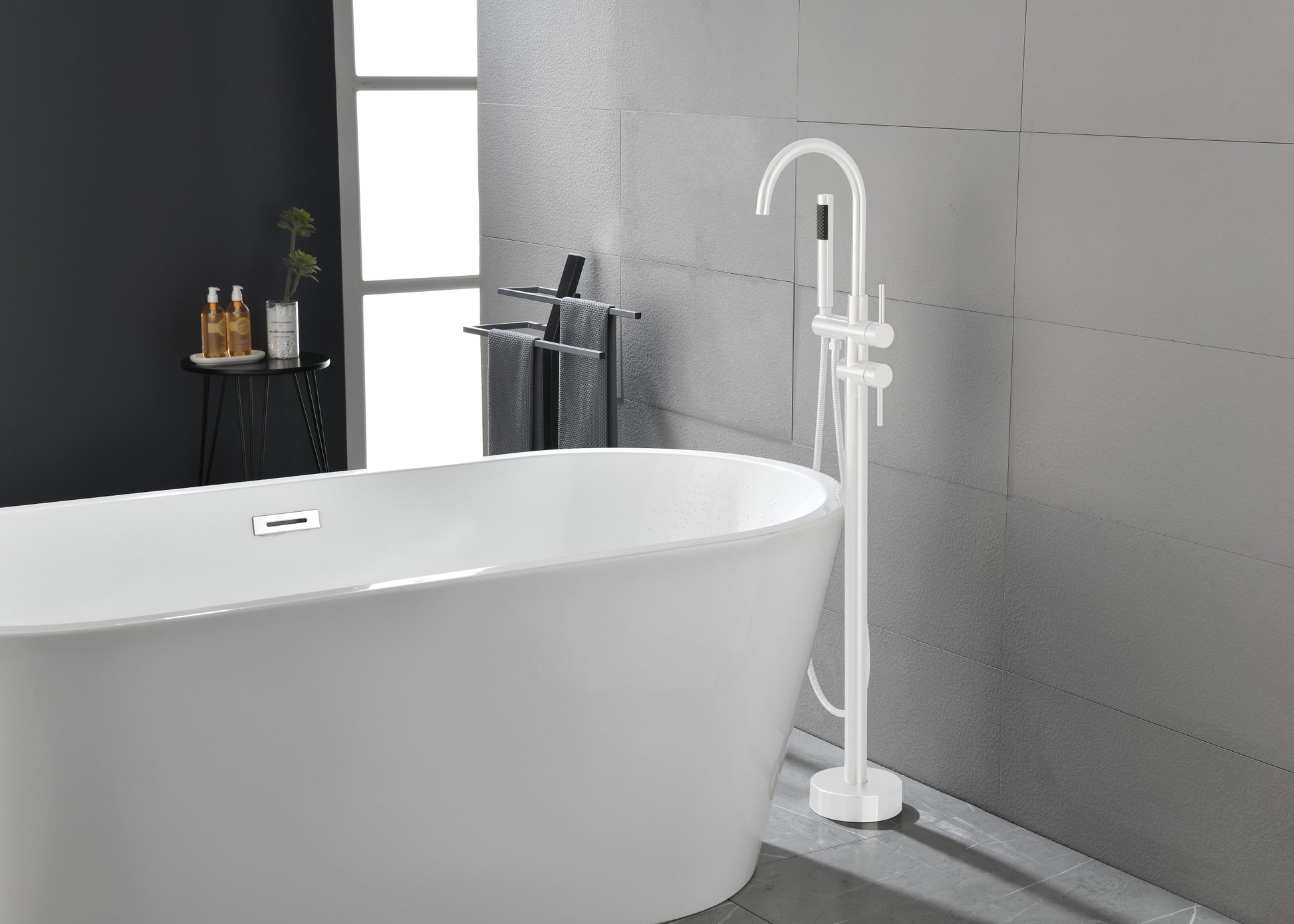 Floor Mount Bathtub Faucet Freestanding Tub Filler Standing High Flow Shower Faucets Shower Mixer Taps Swivel Gooseneck Spout With Cylinder Handheld White Stainless Steel