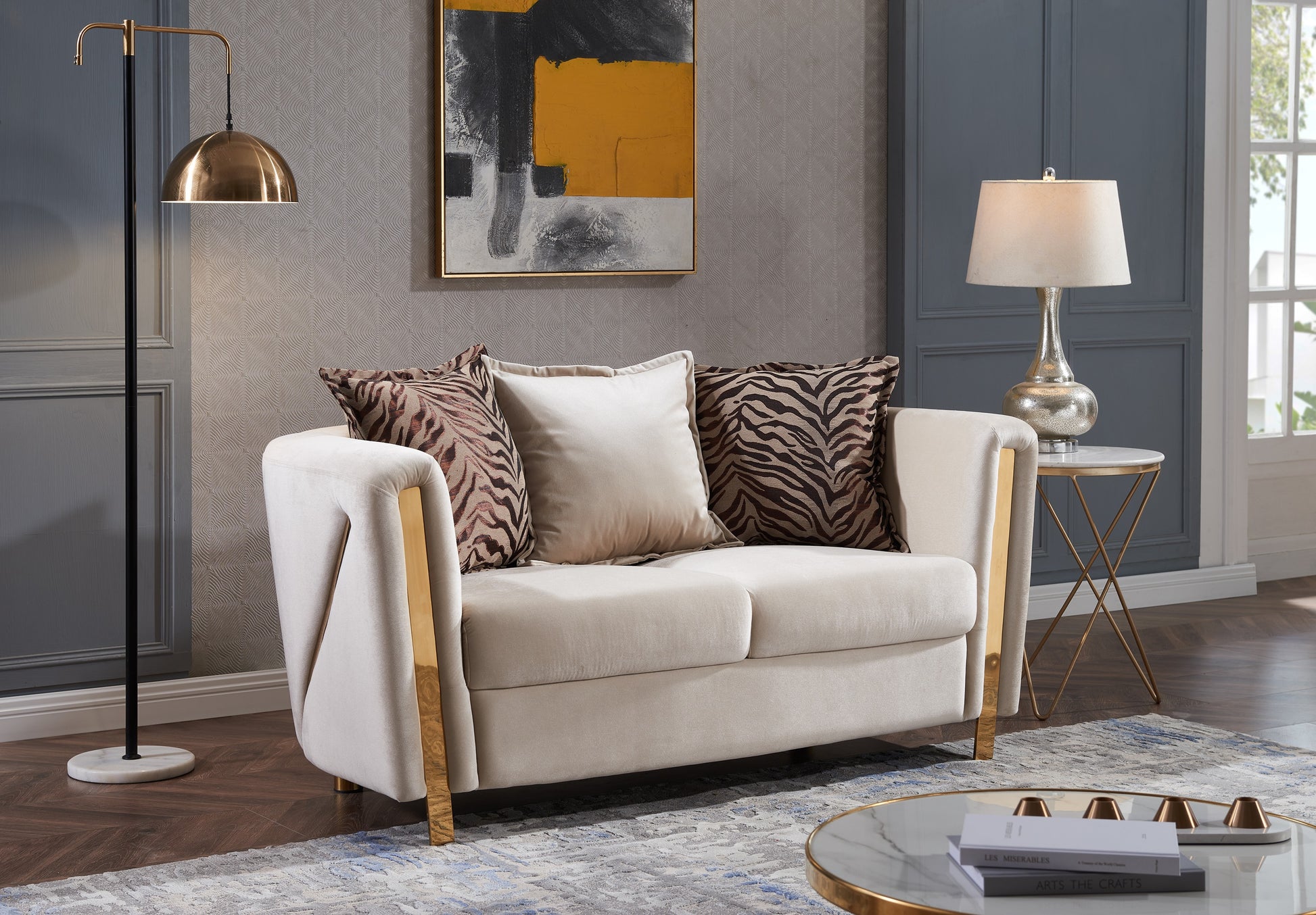 Thick Velvet Fabric Upholstered 3Pc Living Room Set Made With Wood In Beige Beige Velvet Wood Primary Living Space Soft Cushion Back Contemporary,Modern Solid Wood Mdf Wood 6 Seat
