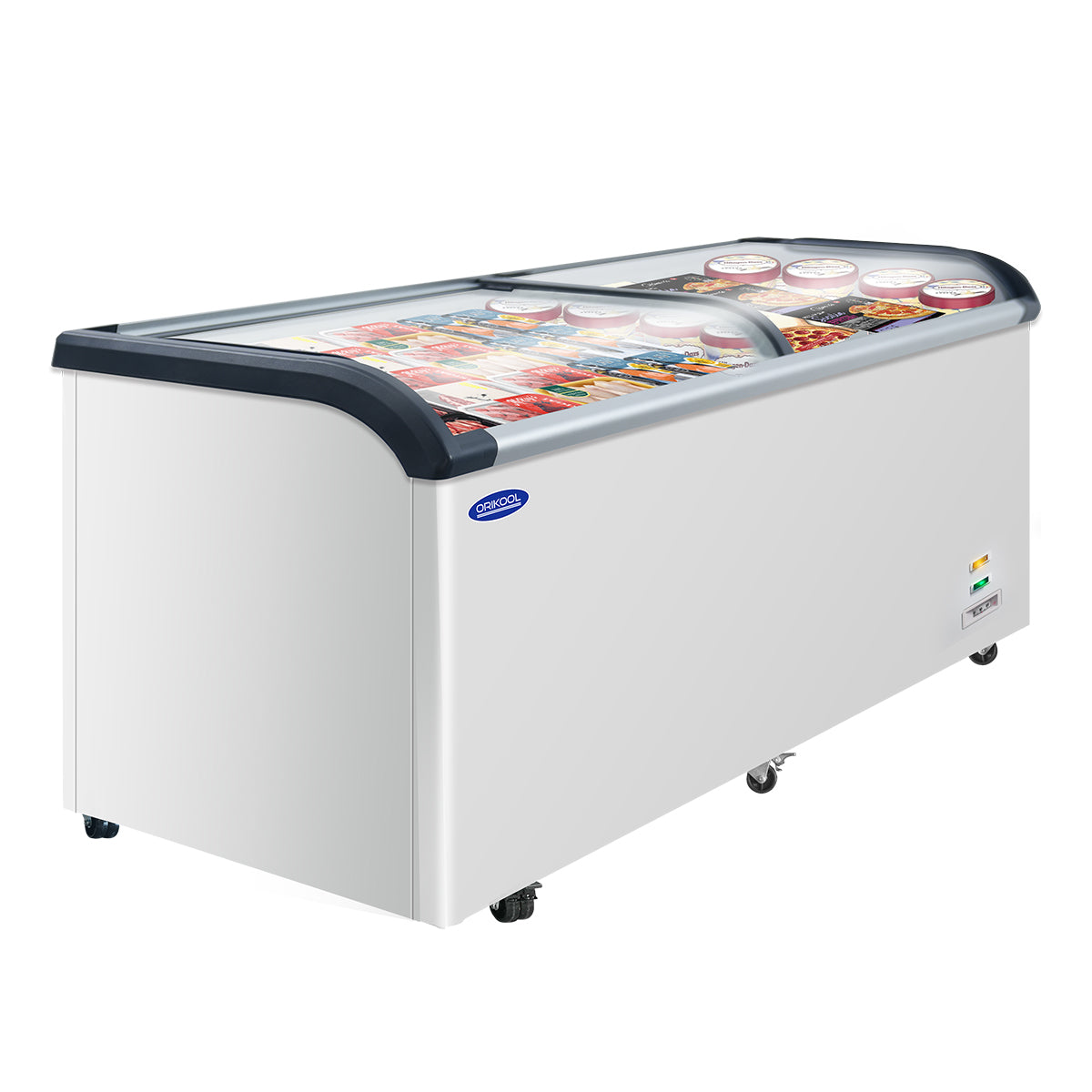 Orikool Curved Top Display Freezer 19.3 Cu.Ft Sliding Glass Lid Ice Cream Freezers Commercial Mobile Chest Freezer With Led Lighting White Steel