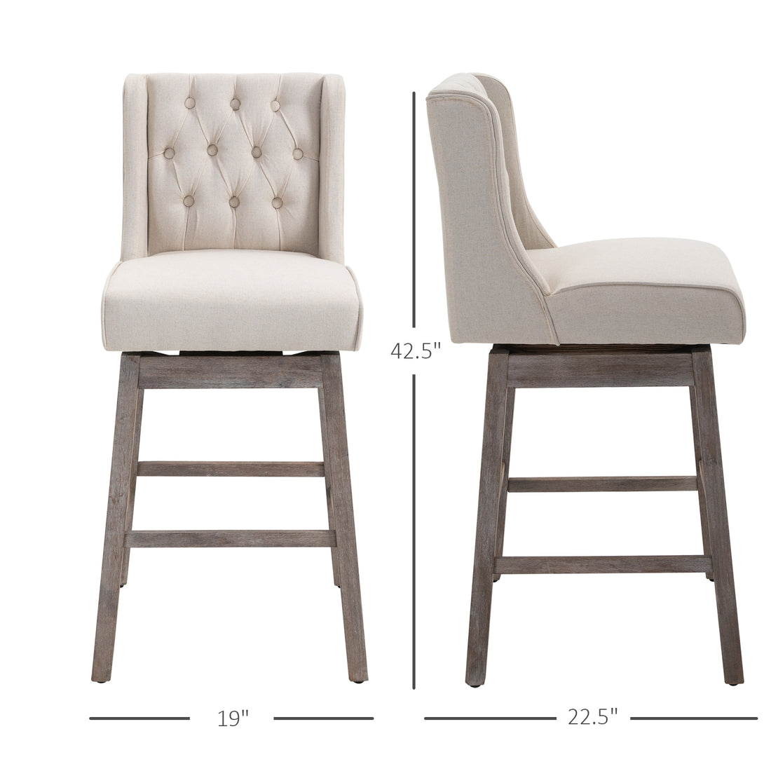 Bar Height Bar Stools Set Of 2, 180 Degree Swivel Barstools, 30" Seat Height Bar Chairs With Solid Wood Footrests And Button Tufted Design, Beige Beige Polyester