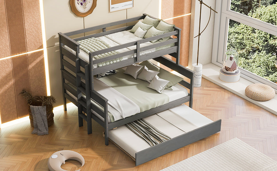 Wood Twin Over Full Bunk Bed With Twin Size Trundle, Gray Box Spring Not Required Gray Wood Bedroom Solid Wood Mdf