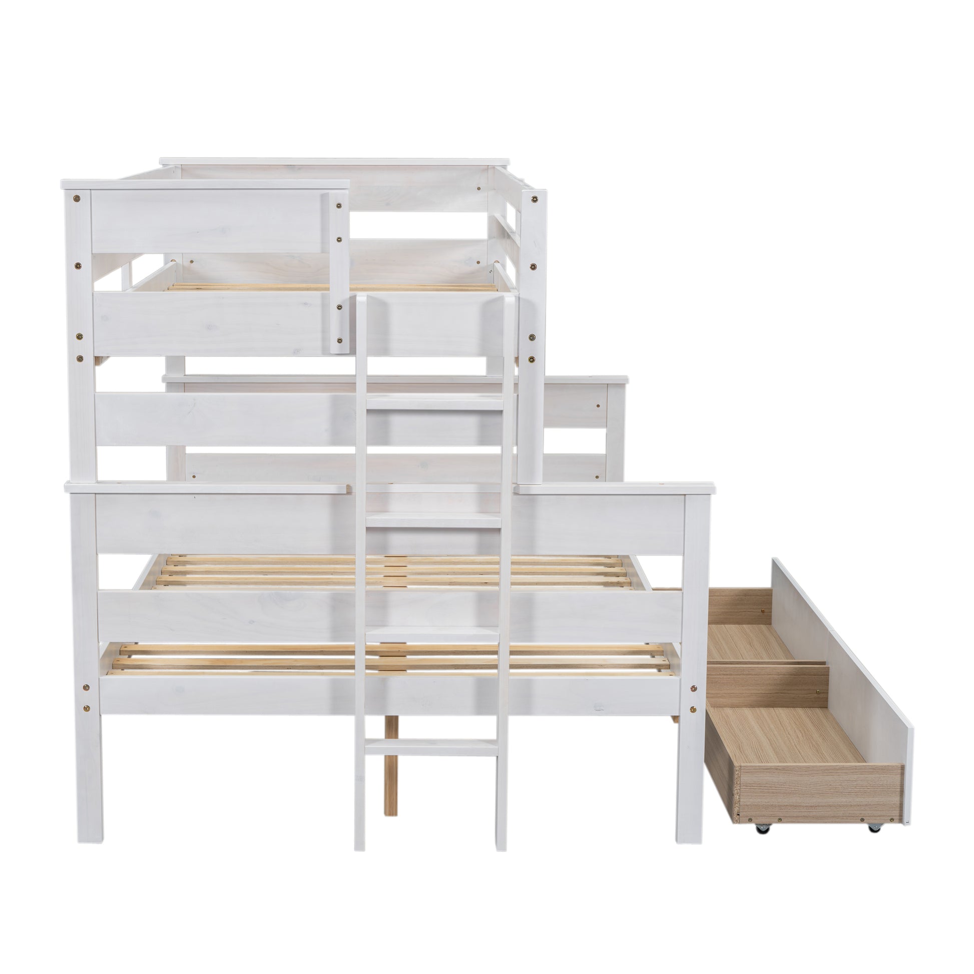 Wood Twin Over Full Bunk Bed With 2 Drawers, White Box Spring Not Required White Wood Bedroom Bunk Solid Wood Mdf