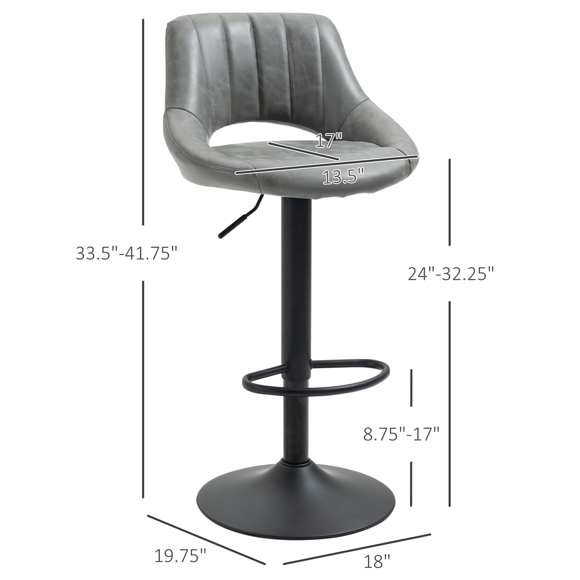 Bar Stools Set Of 2, Swivel Bar Height Barstools Chairs With Adjustable Height, Round Heavy Metal Base, And Footrest, Gray Gray Pu Leather