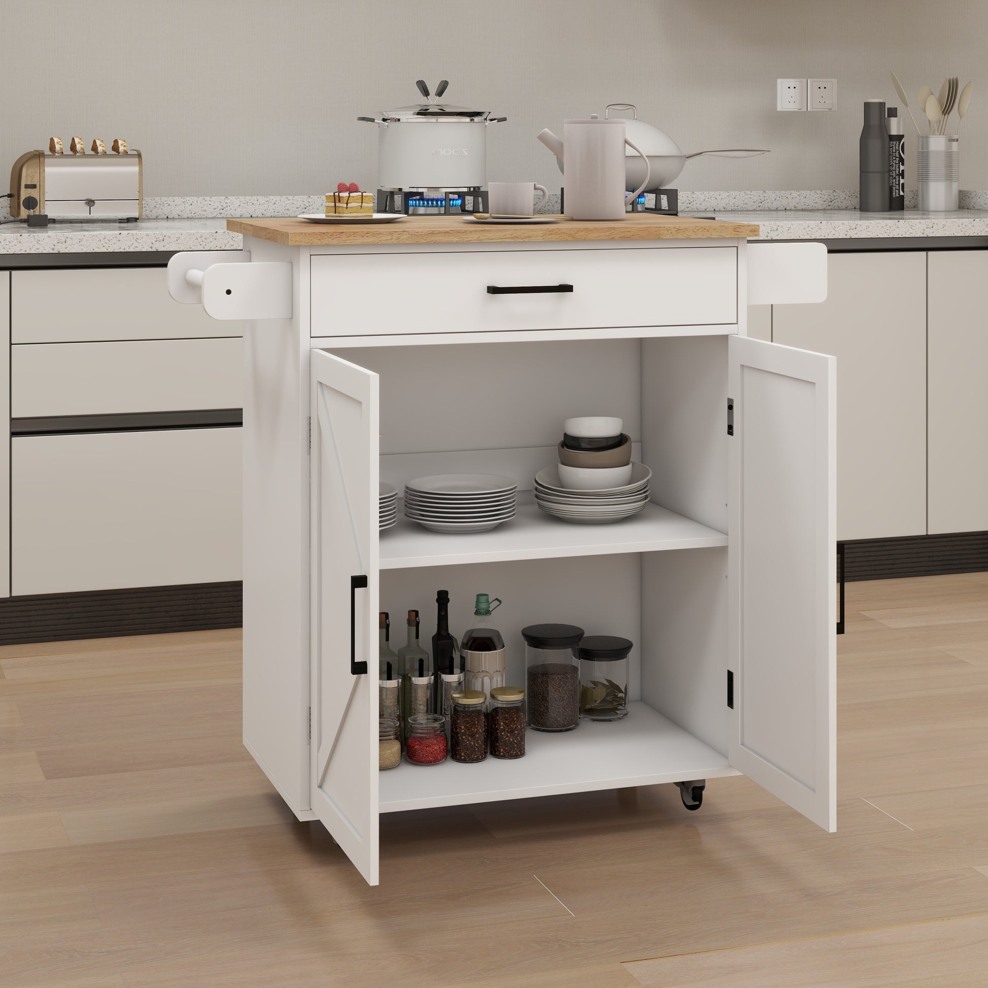 Kitchen Island Rolling Trolley Cart With Adjustable Shelves & Towel Rack & Seasoning Rack Rubber Wood Table Top White White Mdf