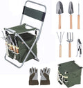 9 Pcs Garden Tools Set Ergonomic Wooden Handle Sturdy Stool With Detachable Tool Kit Perfect For Different Kinds Of Gardening Green Metal