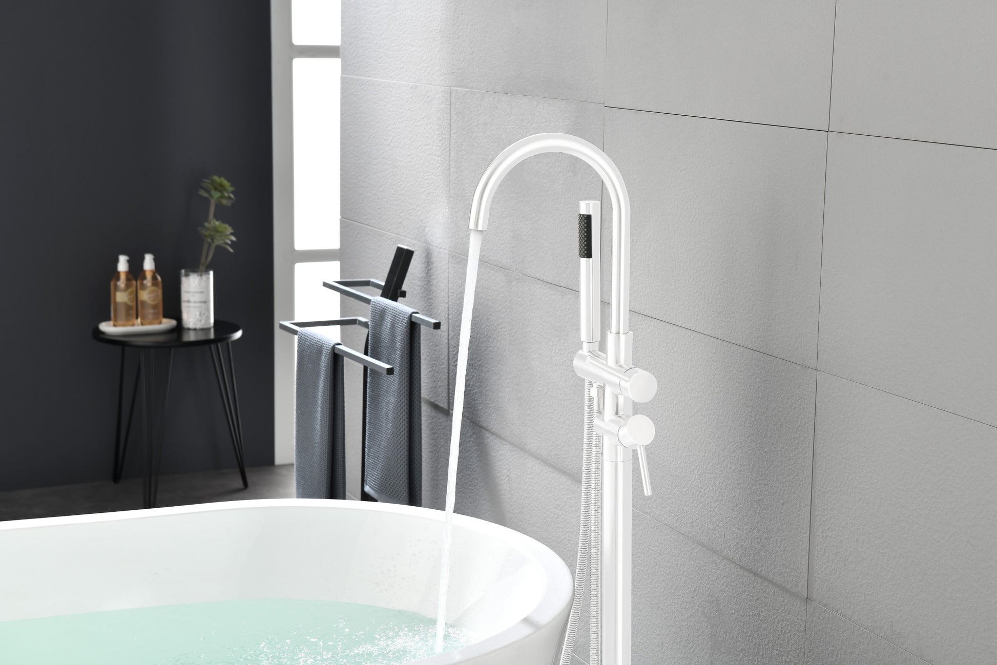 Floor Mount Bathtub Faucet Freestanding Tub Filler Standing High Flow Shower Faucets Shower Mixer Taps Swivel Gooseneck Spout With Cylinder Handheld White Stainless Steel