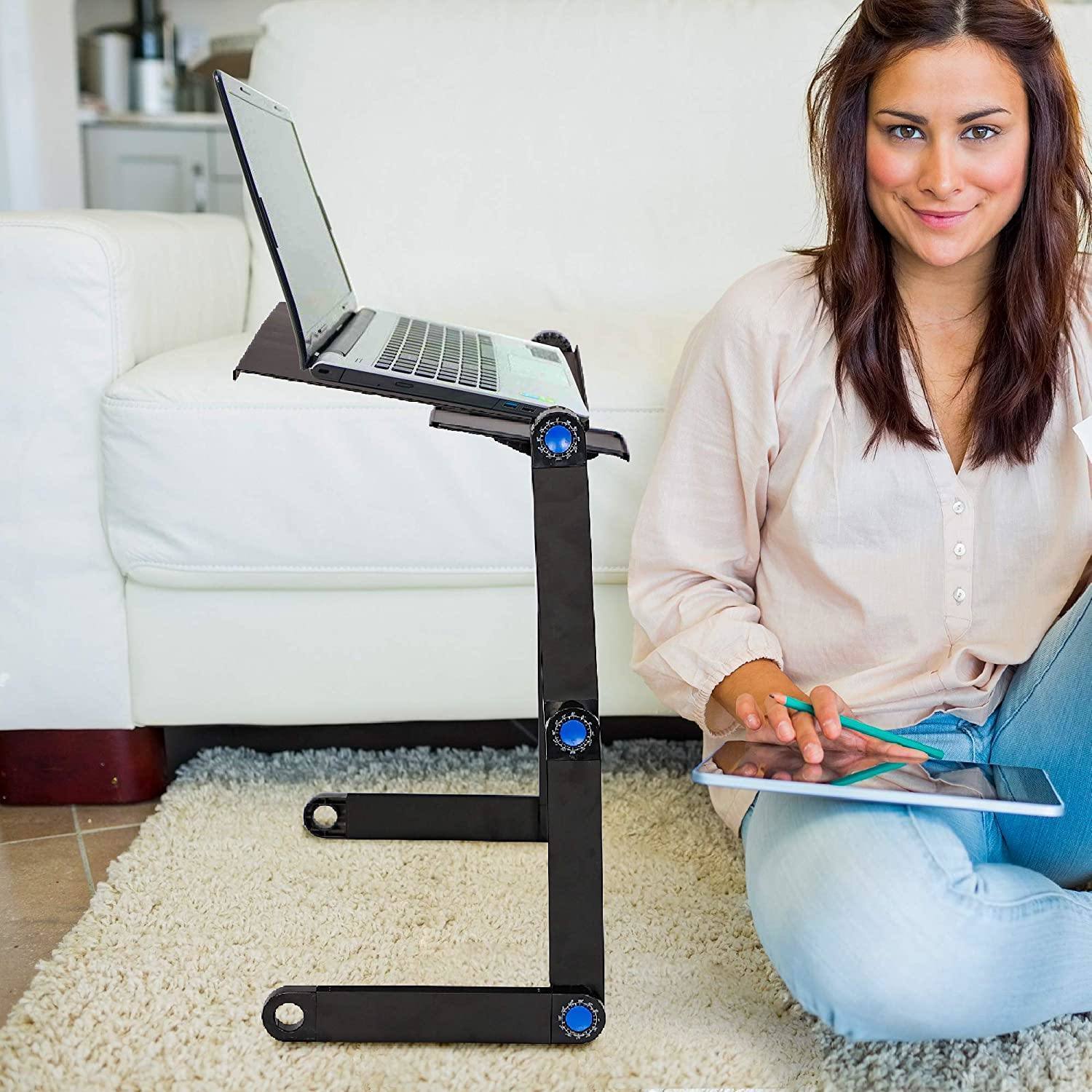 Foldable Aluminum Laptop Desk Adjustable Portable Table Stand With 2 Cpu Cooling Fans And Mouse Pad Black Metal