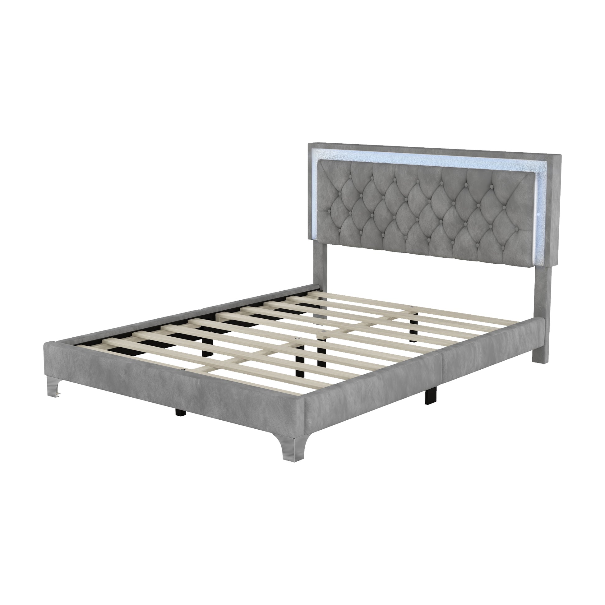 Queen Size Upholstered Bed Frame With Led Lights,Modern Velvet Platform Bed With Tufted Headboard,Gray Gray Velvet