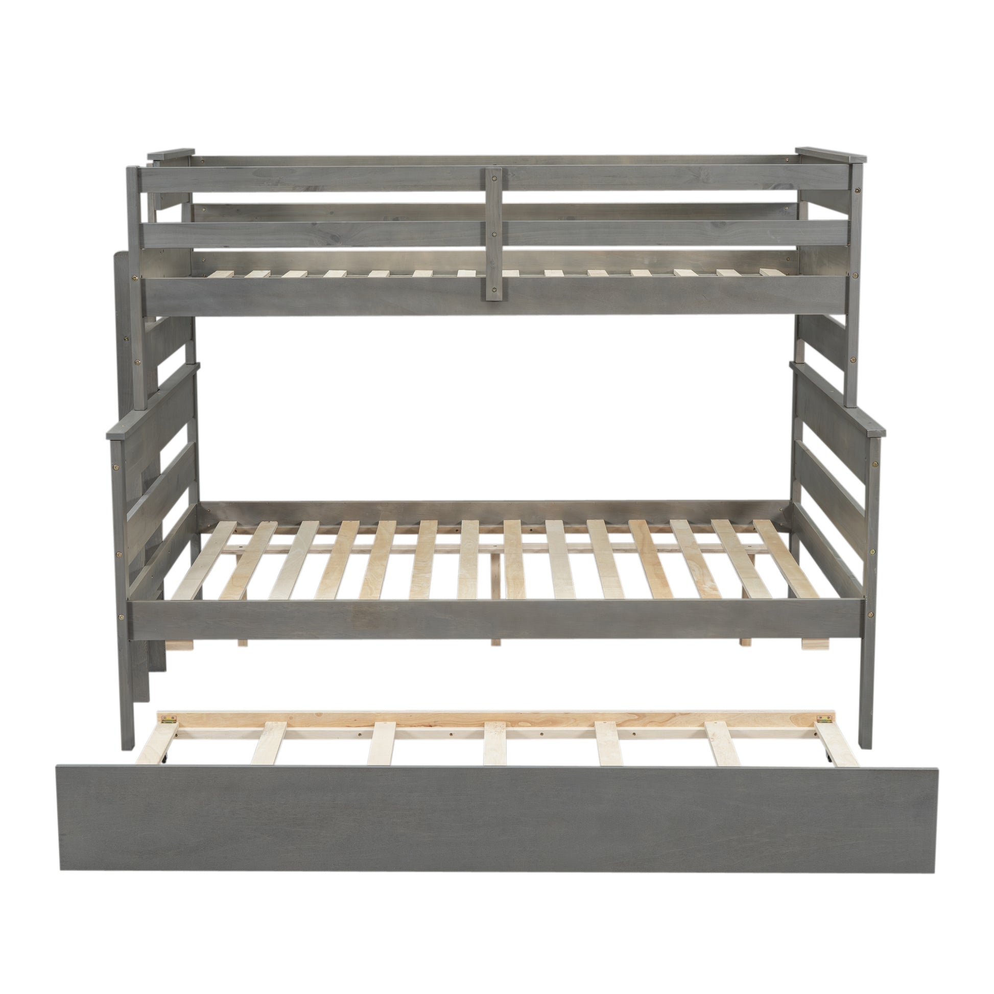 Wood Twin Over Full Bunk Bed With Twin Size Trundle, Gray Box Spring Not Required Gray Wood Bedroom Solid Wood Mdf