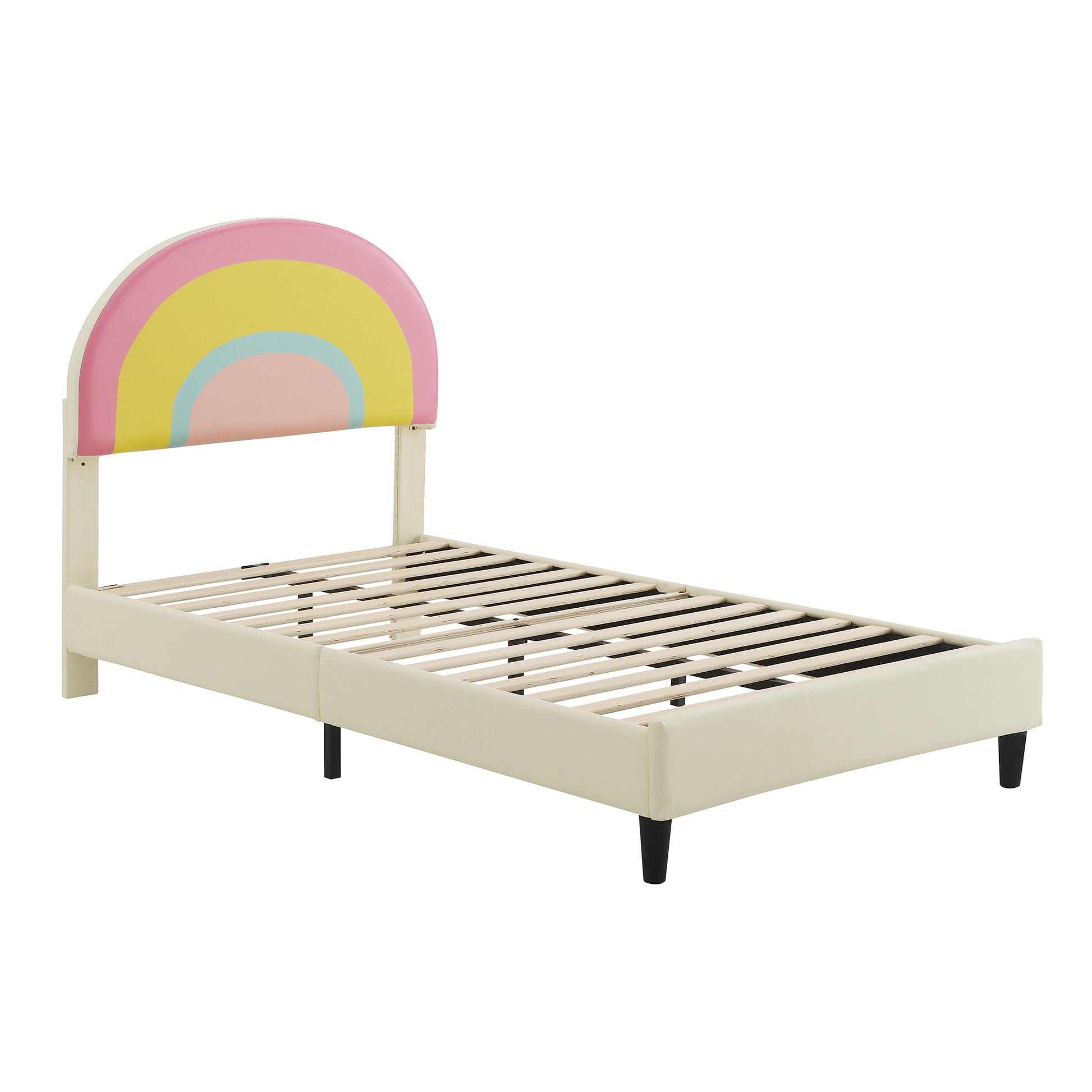 Twin Size Upholstered Platform Bed With Rainbow Shaped And Height Adjustbale Headboard,Led Light Strips,Beige Beige Upholstered