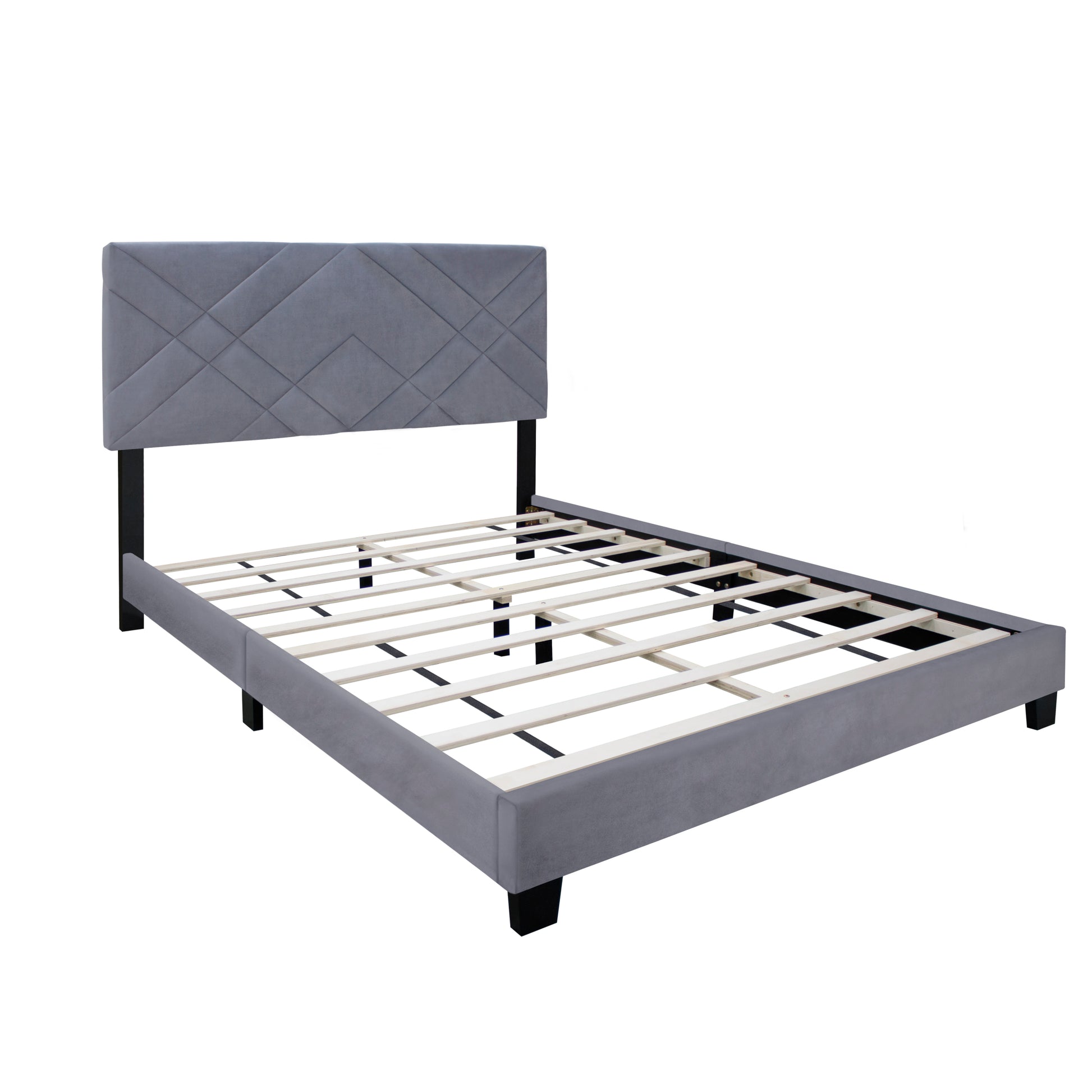 Gray Collection Queen Size Upholstered Headboard Adjustable Bed Frame Velvet Fabric Hot Style Super Popular Series Box Spring Not Required Queen Gray Wood Espresso Bedroom Minimalist,Modern,Shabby Chic,Ultra Modern Rubberwood Adjustable Bedbase Fiber