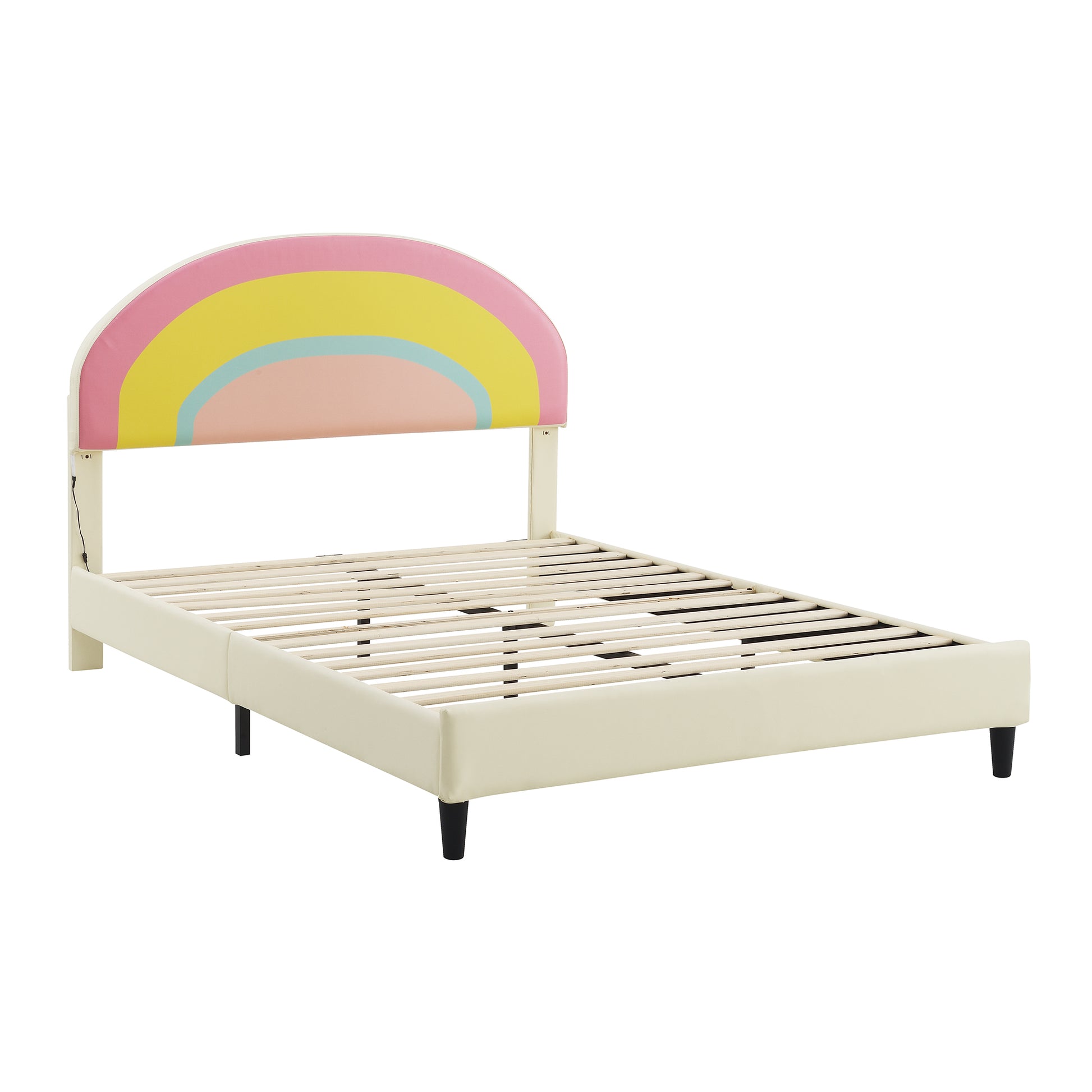 Full Size Upholstered Platform Bed With Rainbow Shaped And Height Adjustbale Headboard,Led Light Strips,Beige Beige Upholstered