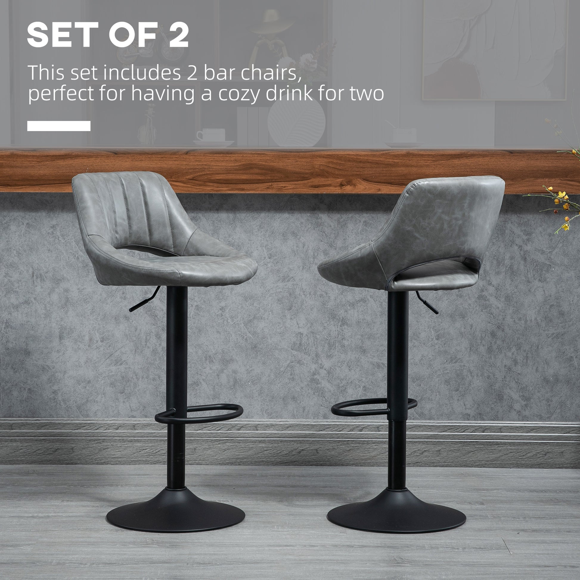 Bar Stools Set Of 2, Swivel Bar Height Barstools Chairs With Adjustable Height, Round Heavy Metal Base, And Footrest, Gray Gray Pu Leather