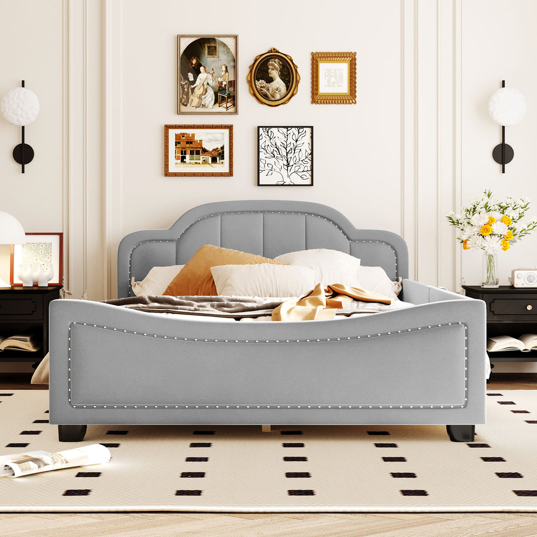 Full Size Upholstered Daybed With Cloud Shaped Headboard, Embedded Elegant Copper Nail Design, Gray Gray Velvet