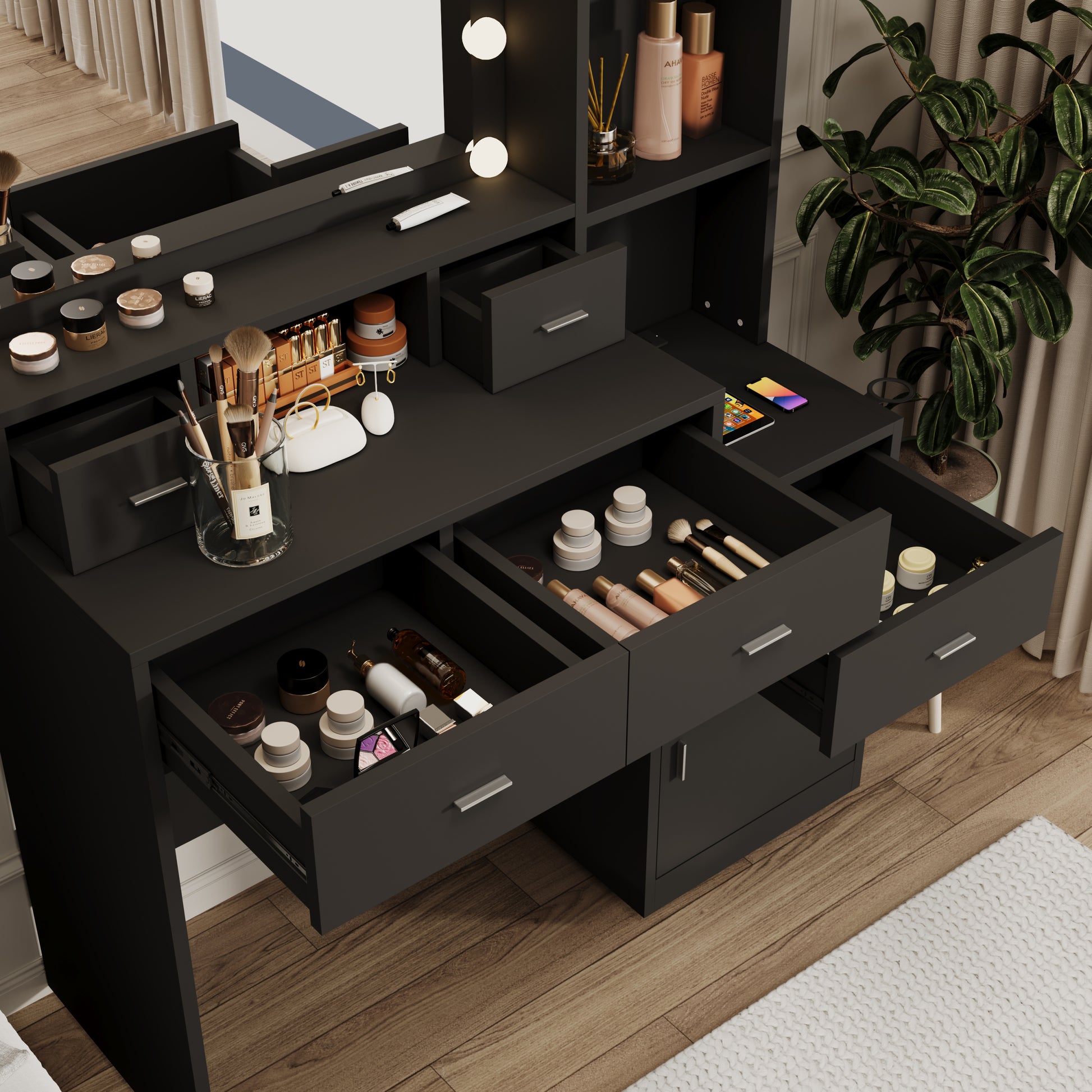 Newly Designed Smart Mirror Dressing Table With Drawers And Storage Cabinet, Dressing Table With Dressing Pad For Bedroom, Dressing Room Black Bedroom American Design,American Traditional,Classic,Coastal Mdf Glass