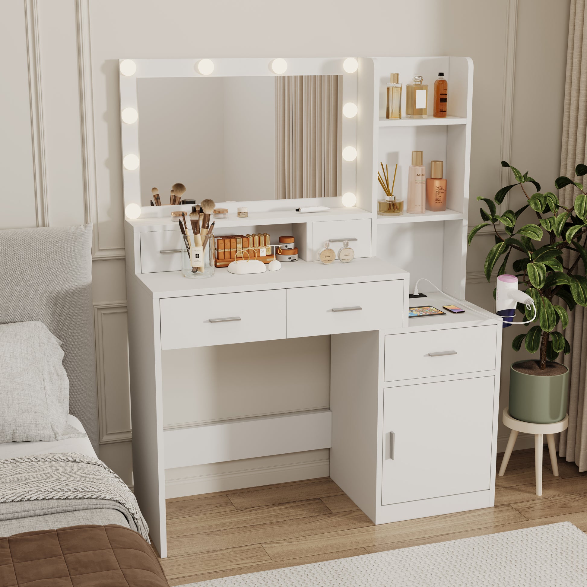 The White Vanity With A Mirror Is Equipped With A Hair Dryer Rack, While The Vanity In The Bedroom And Dressing Room Comes With A Dressing Pad Hinged White Drawer 3 Drawers Bedroom American