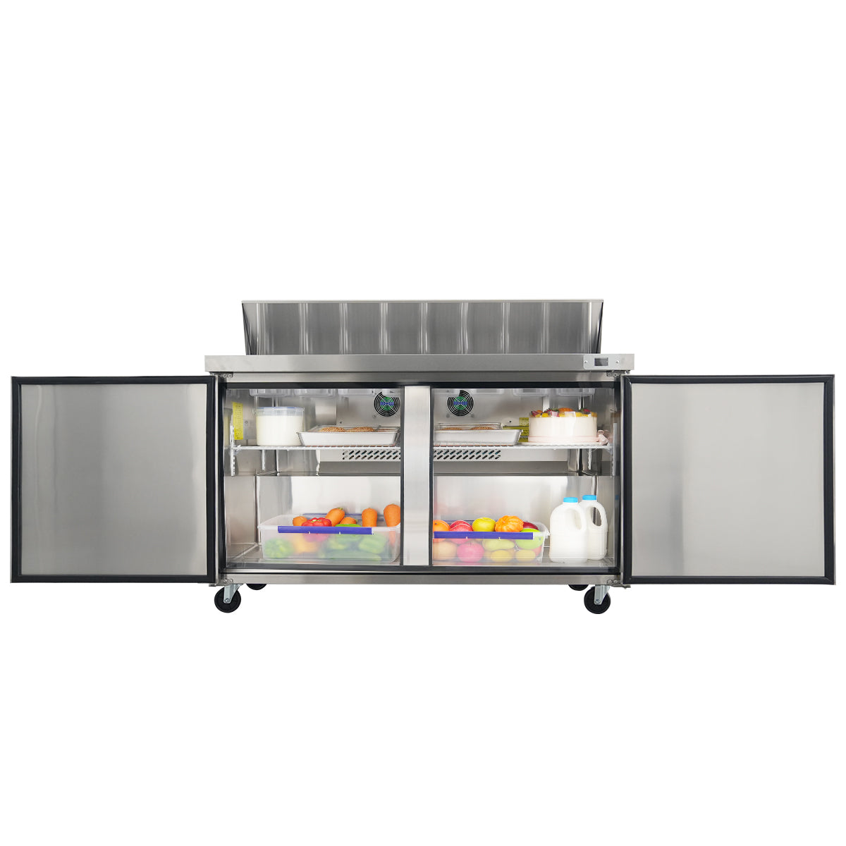 Orikool 60 In Commercial Refrigerators Sandwich&Salad Prep Table With A Butcher Block Cutting Board, Protection Lid, Cold Storage, Etl Certified Silver Stainless Steel