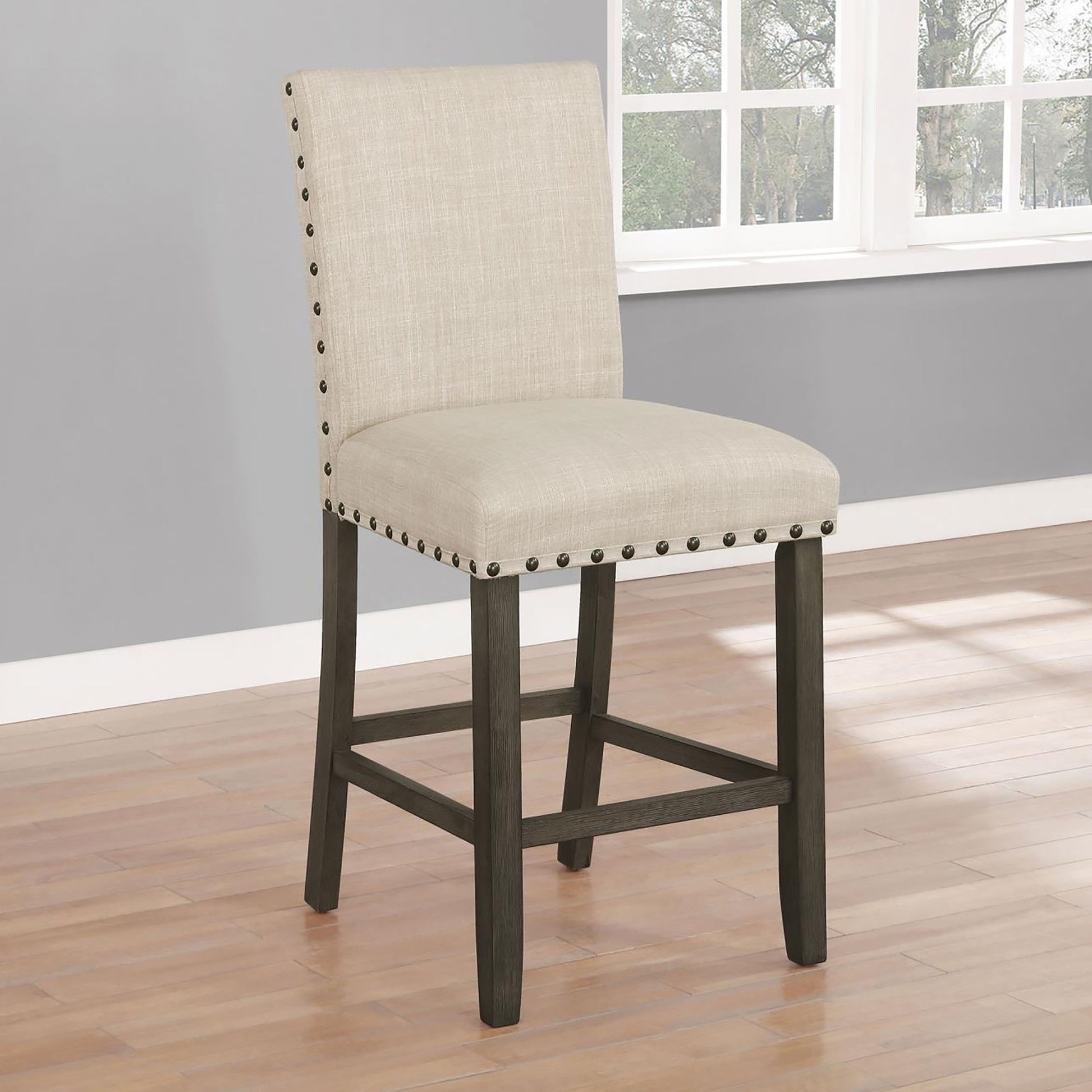 Beige Counter Height Stool Set Of 2 Solid Beige Brown Light Brown Dining Room Spot Clean Transitional Bar Stools Rubberwood Solid Back Foam Upholstered