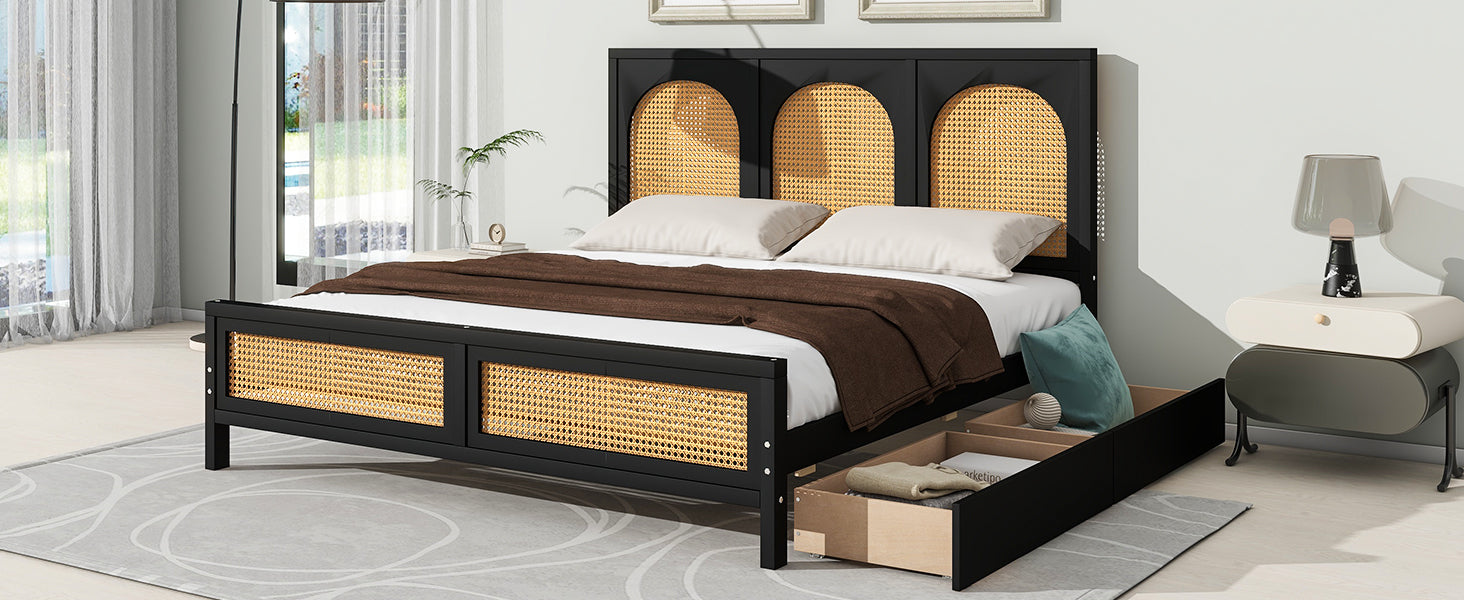 Queen Size Wood Storage Platform Bed With 2 Drawers, Rattan Headboard And Footboard, Black Box Spring Not Required Queen Black Wood Bedroom Bed Frame Wood Rattan
