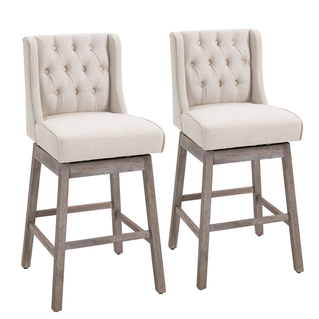 Bar Height Bar Stools Set Of 2, 180 Degree Swivel Barstools, 30" Seat Height Bar Chairs With Solid Wood Footrests And Button Tufted Design, Beige Beige Polyester