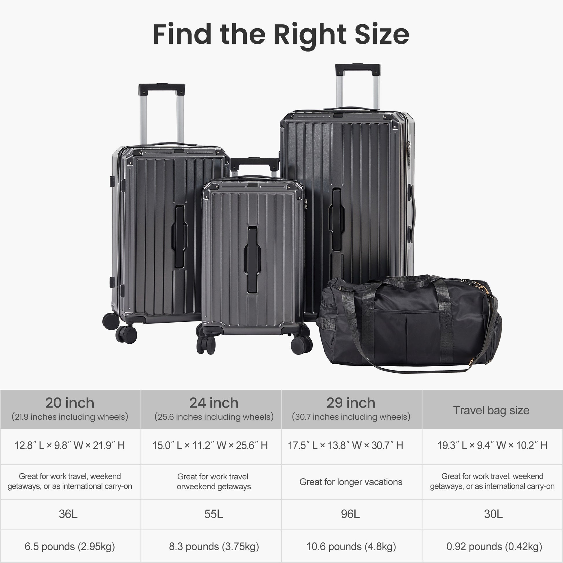 Luggage Set 4 Pcs 20" 24" 29" Travel Bag , Pc Abs Durable Lightweight Luggage With Collapsible Cup Holder, 360 Silent Spinner Wheels, Tsa Lock, Gray Dark Gray Abs Pc