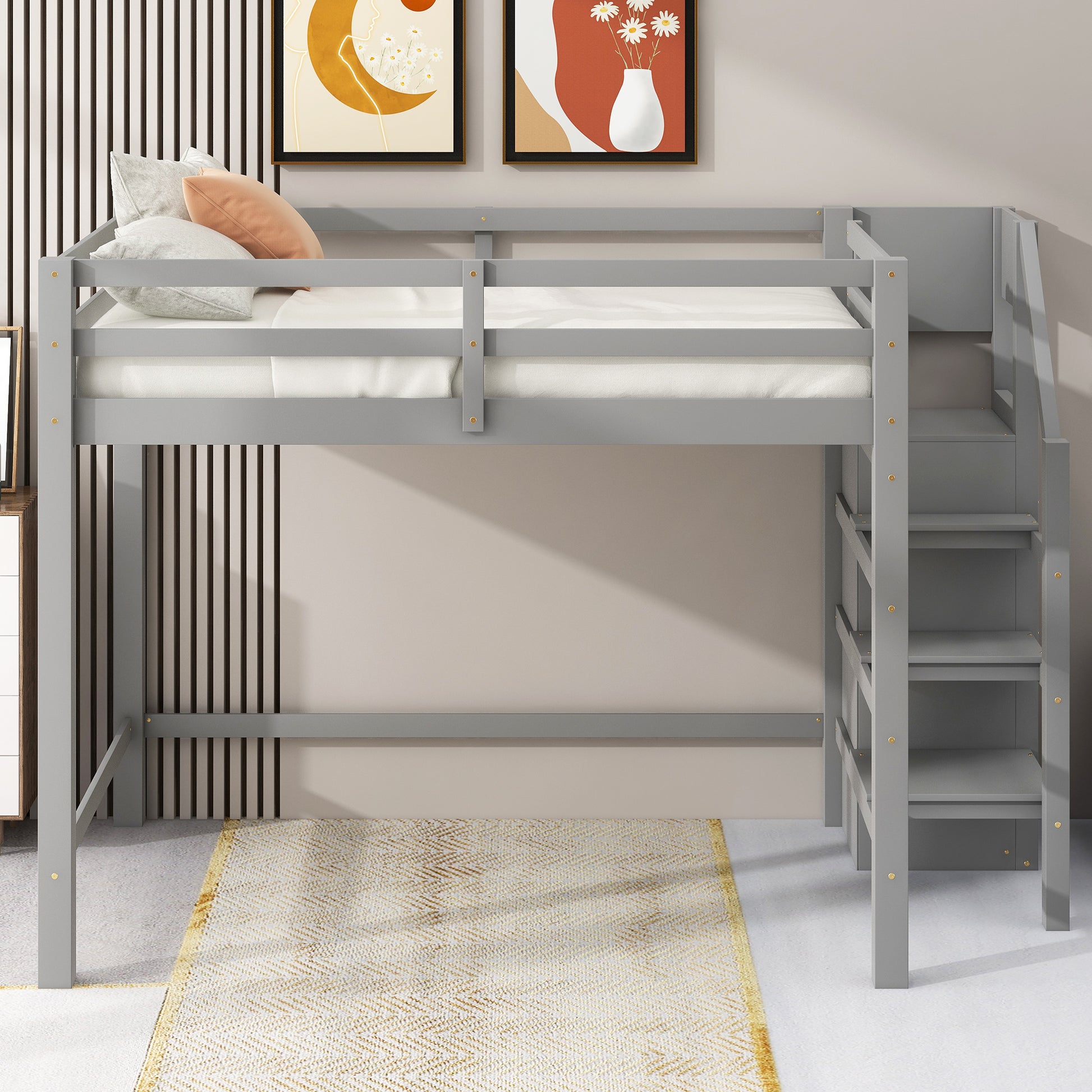 Full Size Loft Bed With Built In Storage Wardrobe And Staircase, Gray Box Spring Not Required Full Gray Wood Bedroom Pine