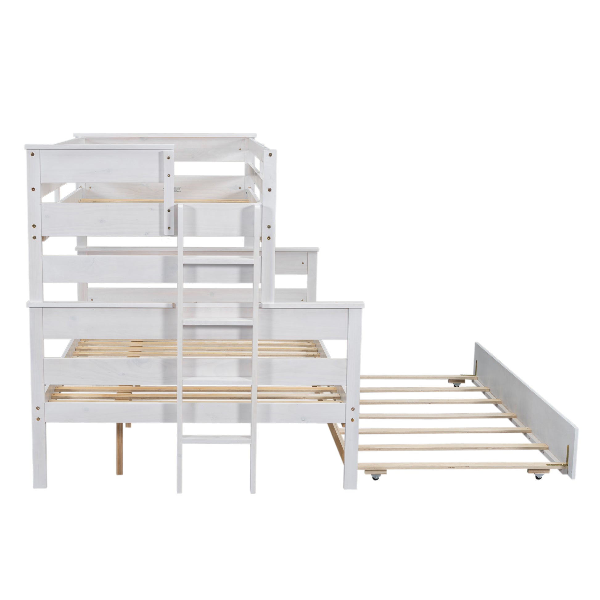 Wood Twin Over Full Bunk Bed With Twin Size Trundle, White Box Spring Not Required White Wood Bedroom Solid Wood Mdf