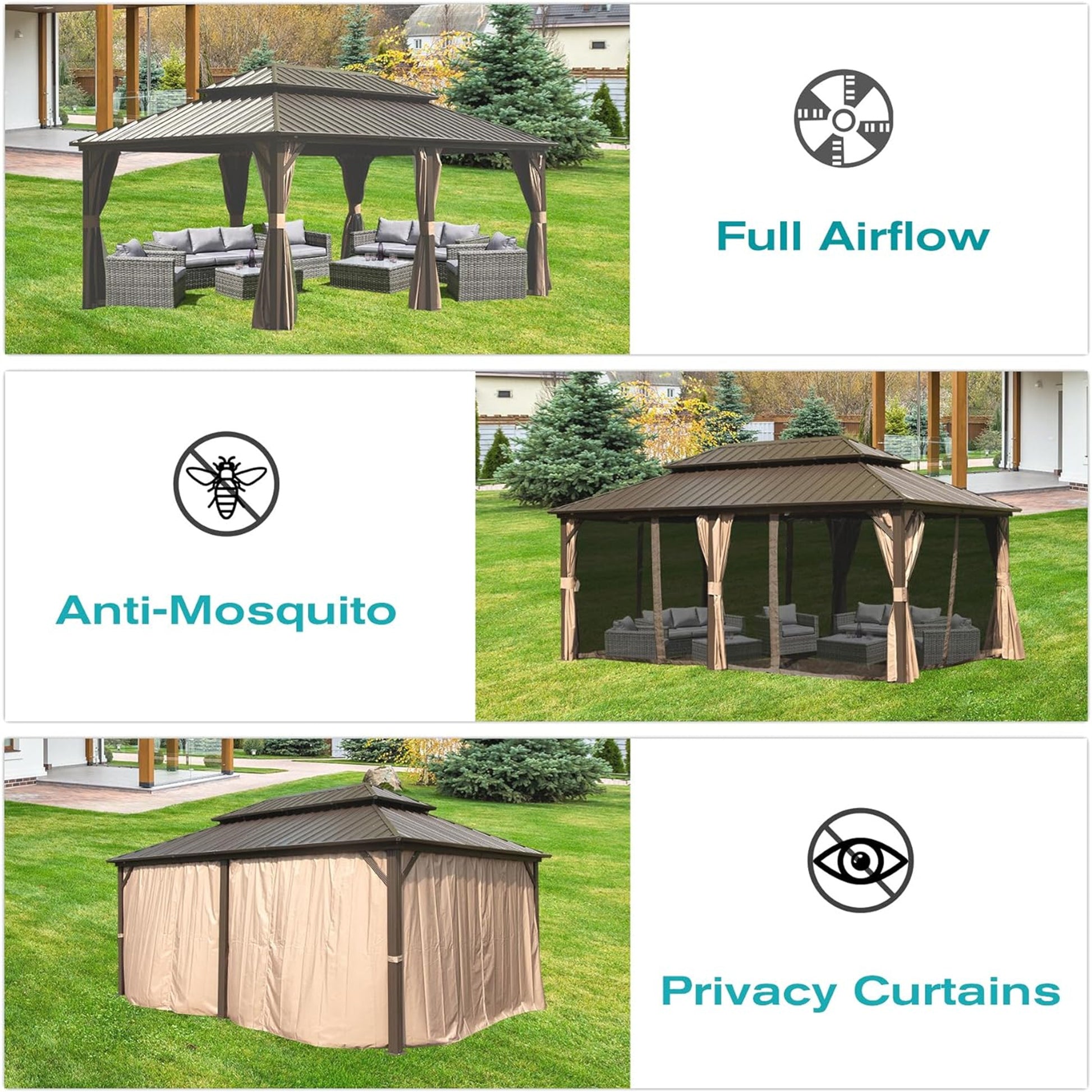 12' X 18' Hardtop Gazebo, Aluminum Metal Gazebo With Galvanized Steel Double Roof Canopy, Curtain And Netting, Permanent Gazebo Pavilion For Party, Wedding, Outdoor Dining, Brown Brown Aluminum