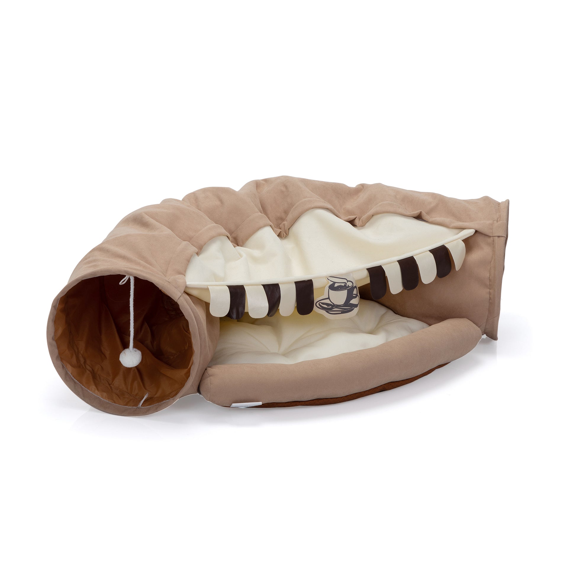 Collapsible Cat Tunnel Bed For Indoor Cats, Washable Cat Hide Tunnel With Hanging Toys And Cushion Mat, Coffee Coffee Polyester