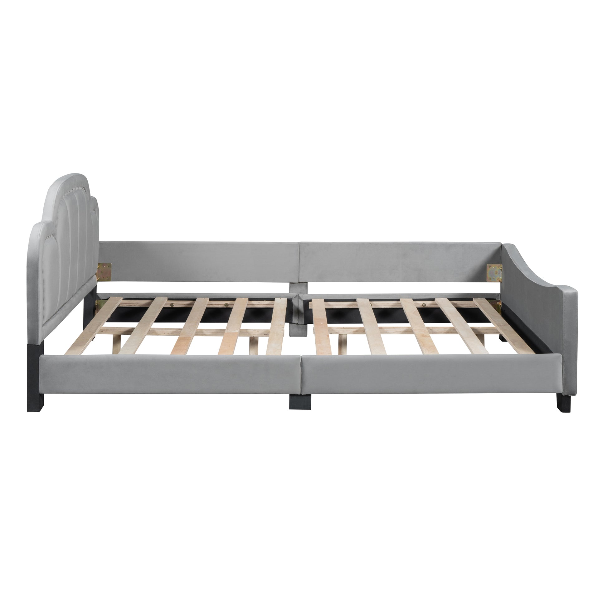 Full Size Upholstered Daybed With Cloud Shaped Headboard, Embedded Elegant Copper Nail Design, Gray Gray Velvet