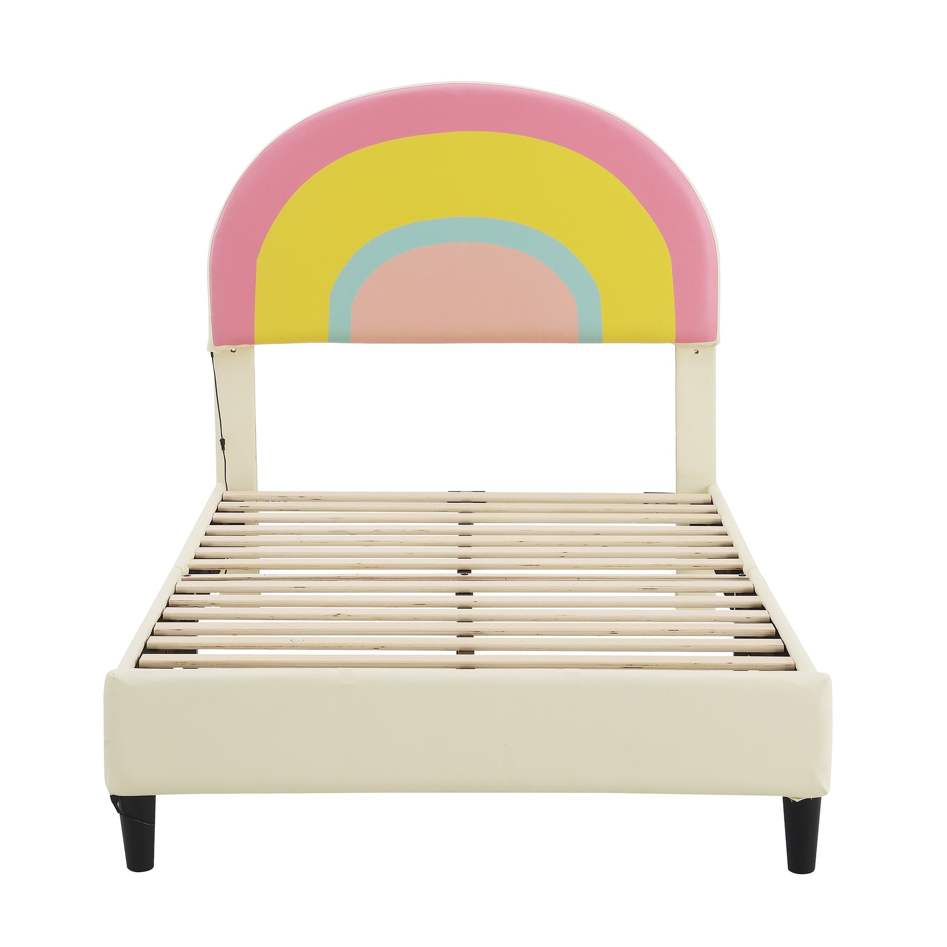 Twin Size Upholstered Platform Bed With Rainbow Shaped And Height Adjustbale Headboard,Led Light Strips,Beige Beige Upholstered