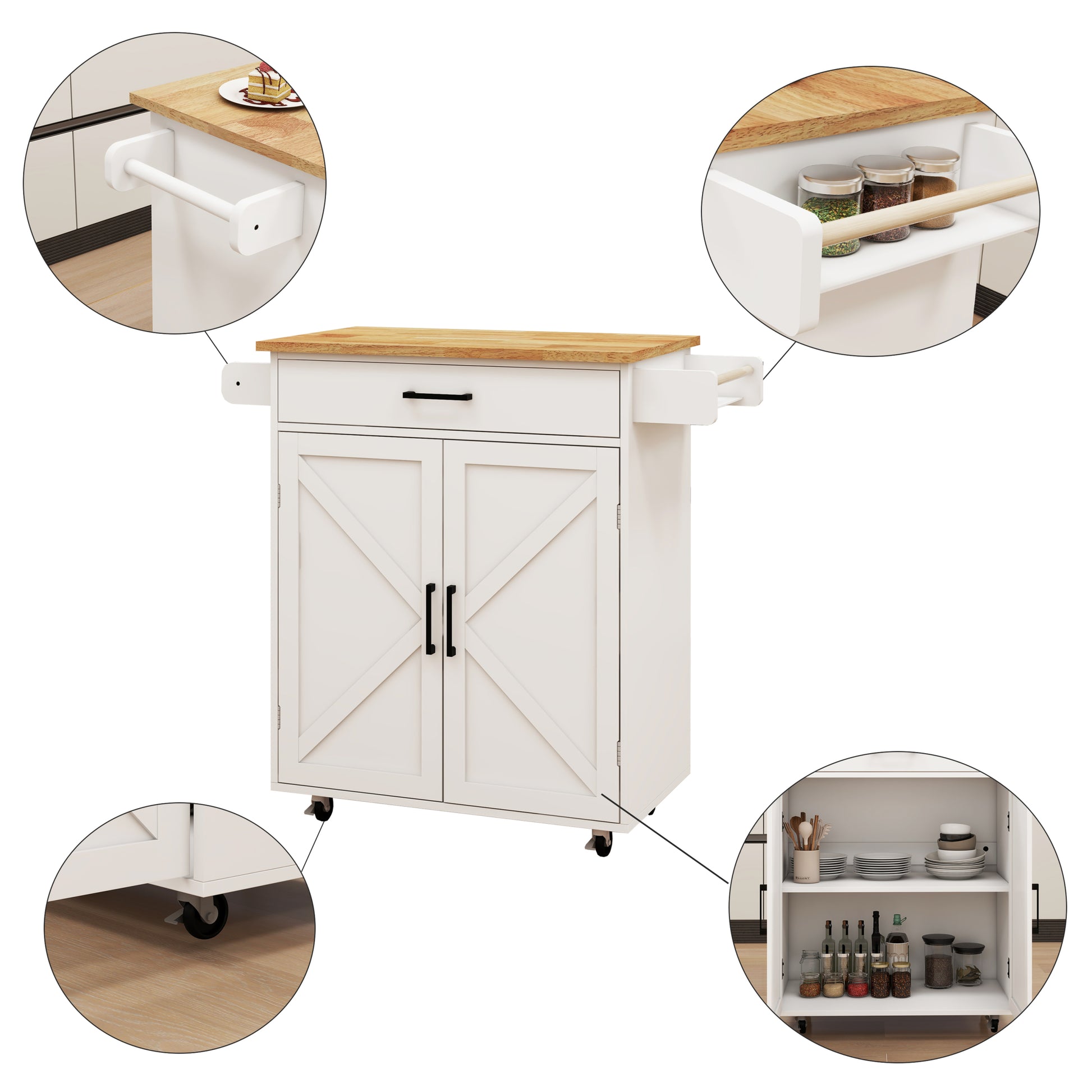 Kitchen Island Rolling Trolley Cart With Adjustable Shelves & Towel Rack & Seasoning Rack Rubber Wood Table Top White White Mdf