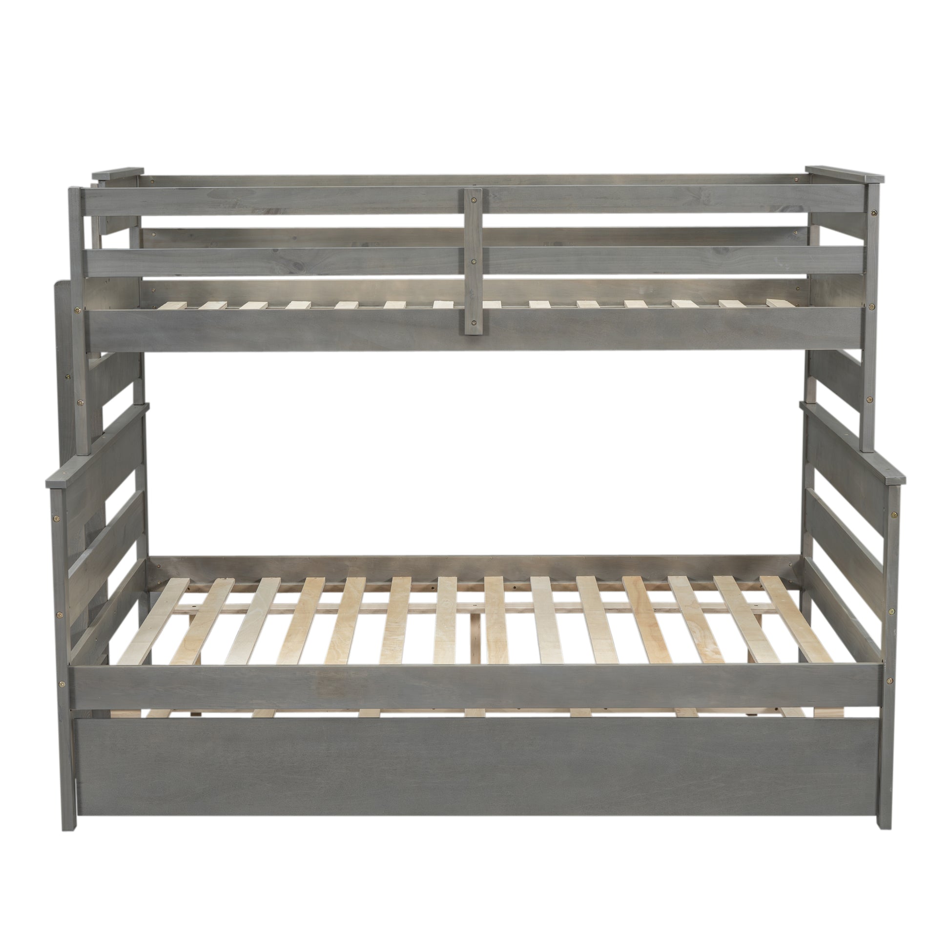 Wood Twin Over Full Bunk Bed With Twin Size Trundle, Gray Box Spring Not Required Gray Wood Bedroom Solid Wood Mdf