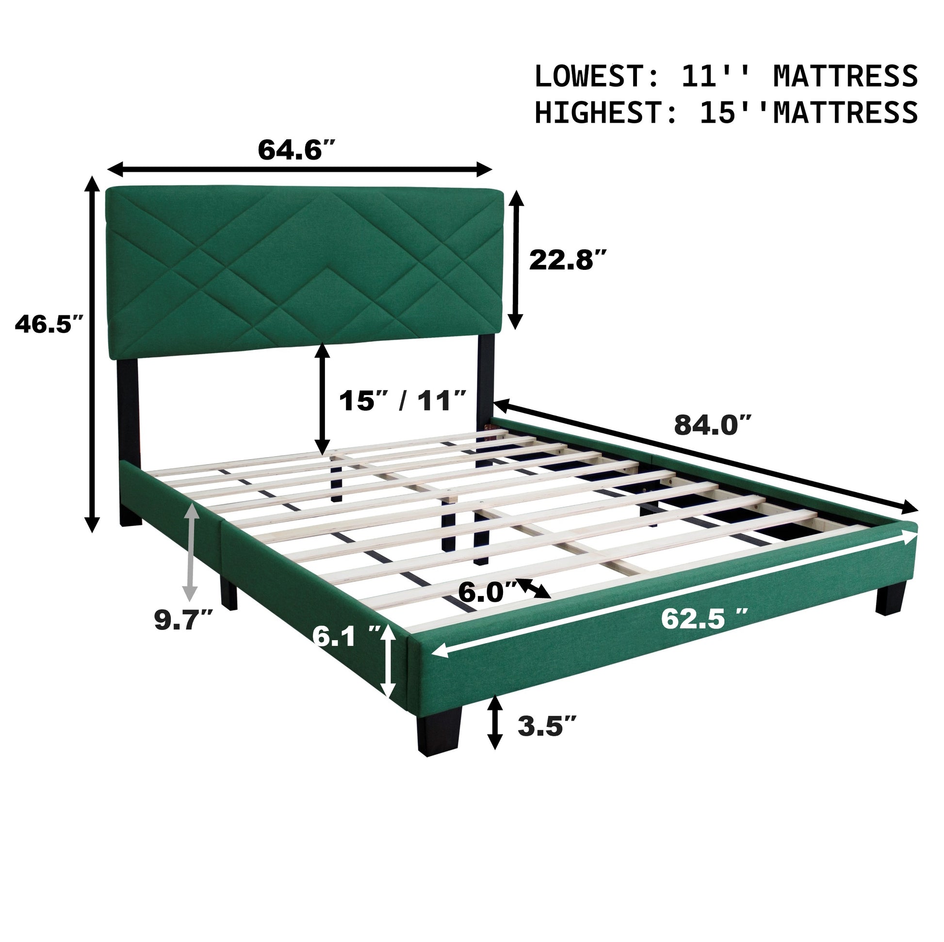 Green Queen Size Bed Frame With Adjustable Headboard Super Affordable No Box Sping Require Box Spring Not Required Queen Green Wood Espresso Bedroom Modern,Shabby Chic,Ultra Modern Rubberwood Adjustable Bedbase Fiber Foam And Polyester Fiber Pad Linen