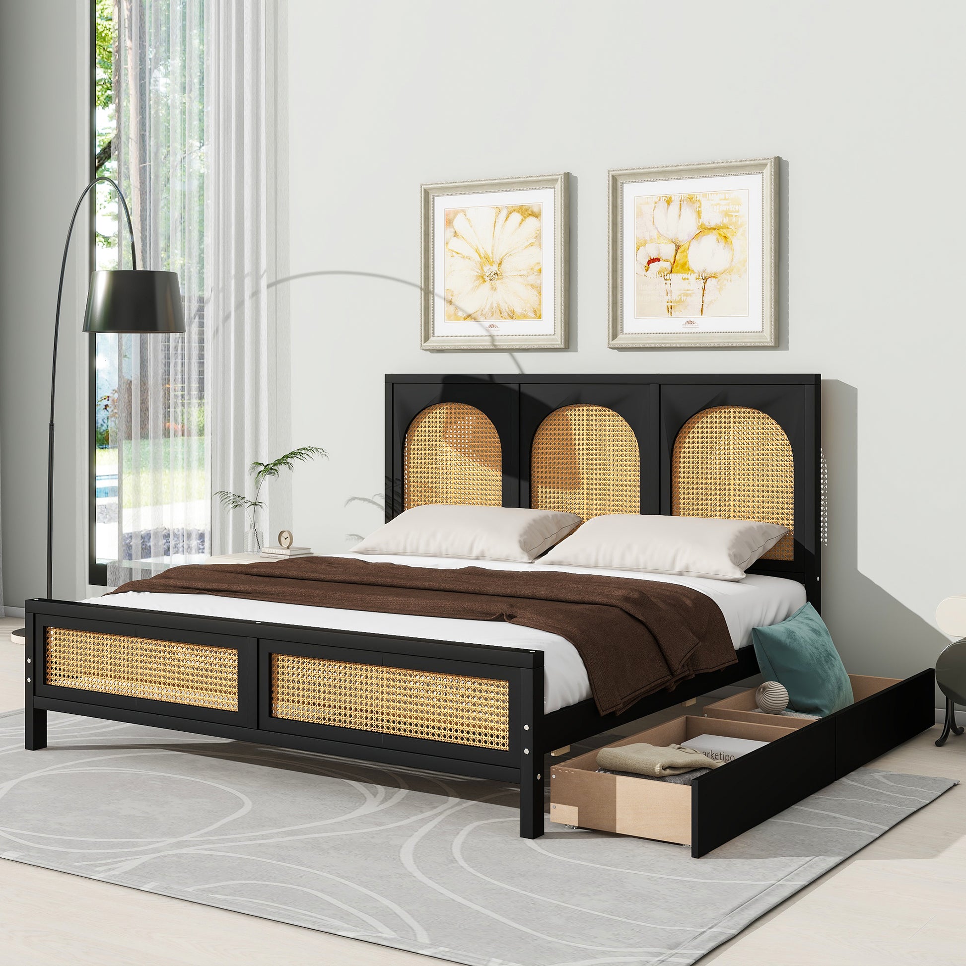 Queen Size Wood Storage Platform Bed With 2 Drawers, Rattan Headboard And Footboard, Black Box Spring Not Required Queen Black Wood Bedroom Bed Frame Wood Rattan