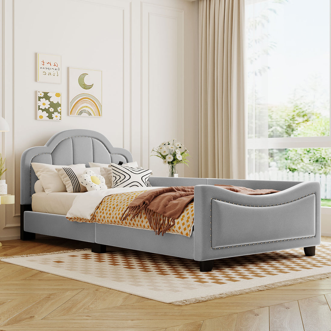 Twin Size Upholstered Daybed With Cloud Shaped Headboard, Embedded Elegant Copper Nail Design, Gray Gray Velvet