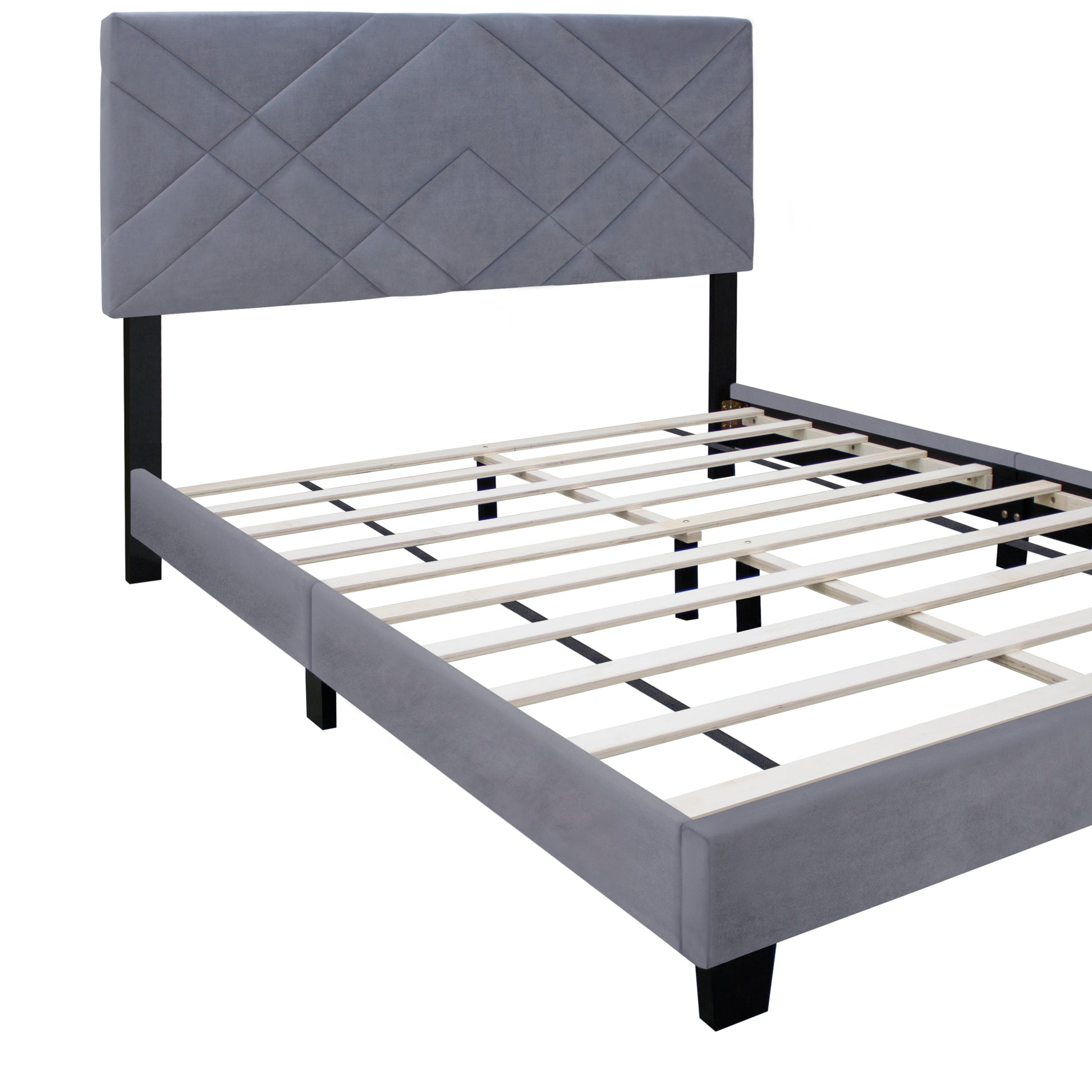 Gray Collection Queen Size Upholstered Headboard Adjustable Bed Frame Velvet Fabric Hot Style Super Popular Series Box Spring Not Required Queen Gray Wood Espresso Bedroom Minimalist,Modern,Shabby Chic,Ultra Modern Rubberwood Adjustable Bedbase Fiber