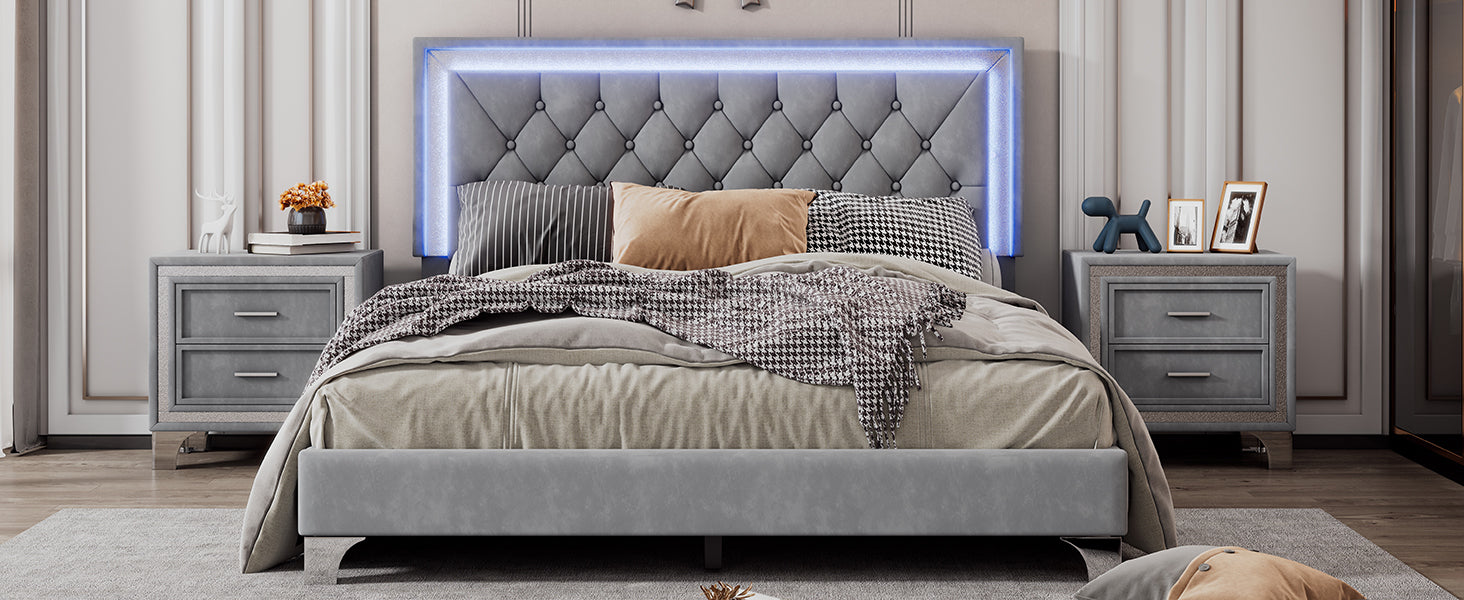 Queen Size Upholstered Bed Frame With Led Lights,Modern Velvet Platform Bed With Tufted Headboard,Gray Gray Velvet