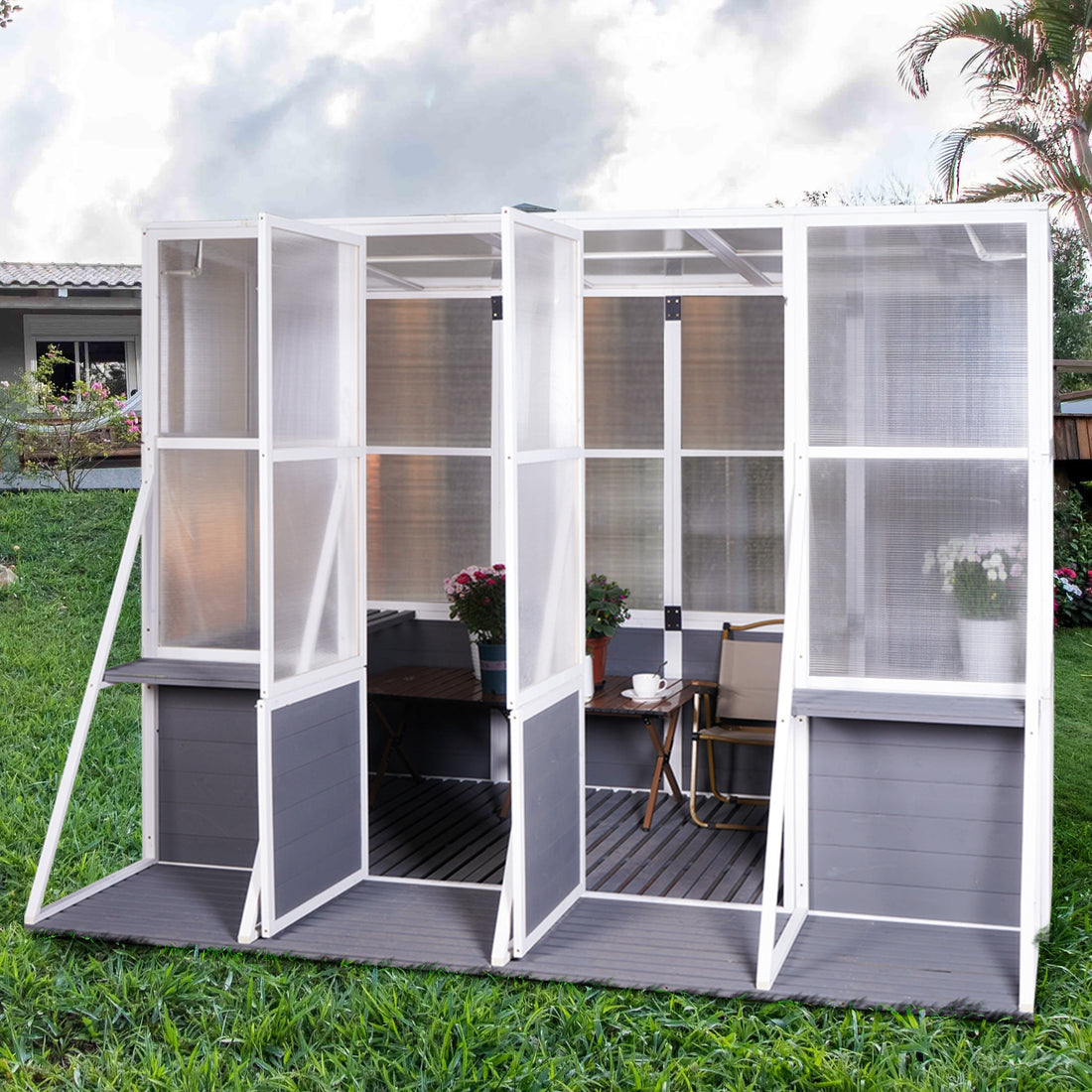 Greenhouse, Wooden Lean To Greenhouses For Outdoors, Heavy Duty Walk In Green House For Outside Winter, Large Hot House For Sunroom Storage Shed, Garden, Backyard 103.9''X98.4''X77.6'' White Gray Weather Resistant Frame Garden & Outdoor Wood Glass