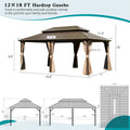 12' X 18' Hardtop Gazebo, Aluminum Metal Gazebo With Galvanized Steel Double Roof Canopy, Curtain And Netting, Permanent Gazebo Pavilion For Party, Wedding, Outdoor Dining, Brown Brown Aluminum