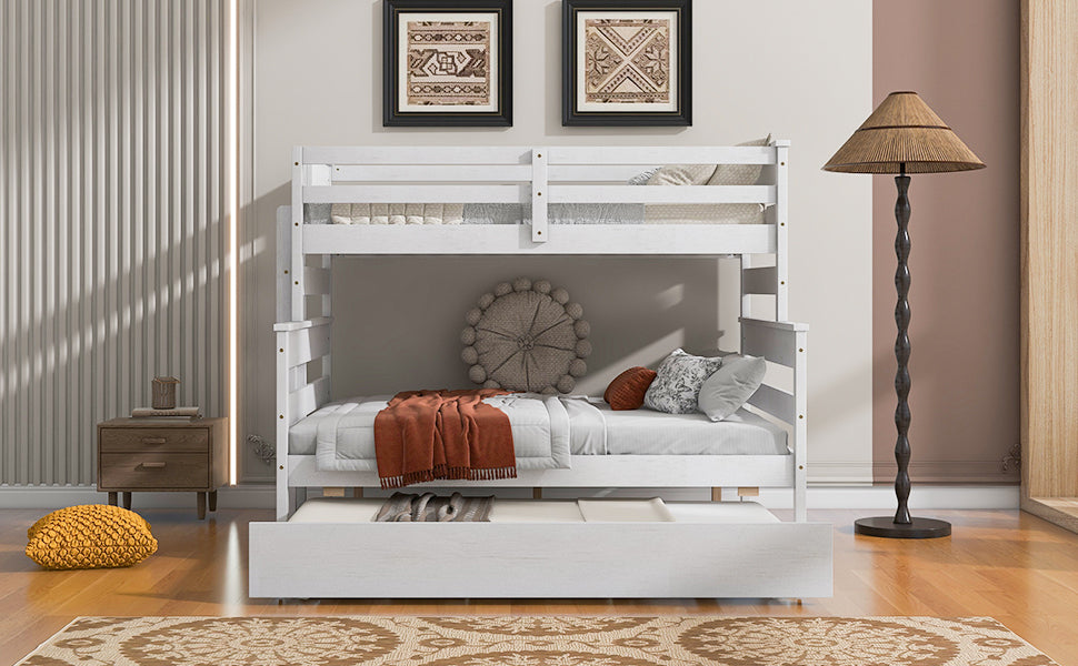 Wood Twin Over Full Bunk Bed With Twin Size Trundle, White Box Spring Not Required White Wood Bedroom Solid Wood Mdf
