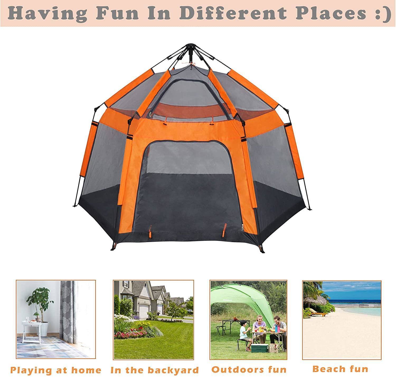 Kids Play Tent Pop Up Portable Hexagon Playhouse For Backyard Patio Indoor Outdoortent House Orange Oxford Fabric