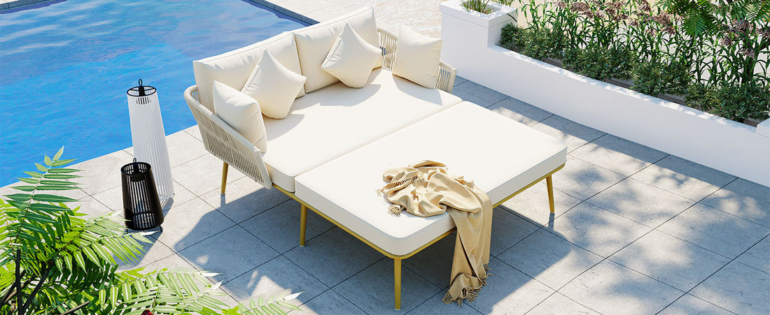 Outdoor Patio Daybed, Woven Nylon Rope Backrest With Washable Cushions For Balcony, Poolside, Set For 2 Person, Beige Yes Complete Patio Set Beige Gold Weather Resistant Frame Stain Resistant Cushions Garden & Outdoor Casual Complete Patio Sets Foam Pvc