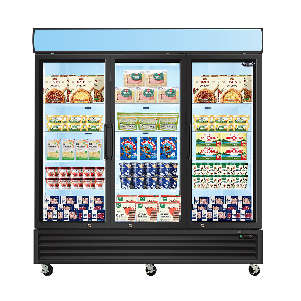 Orikool Glass Door Merchandiser Freezer 70 Cu.Ft Swing Door Commercial Reach In Display Freezers With Led Top Panel Upright Freeze Storage Black Steel